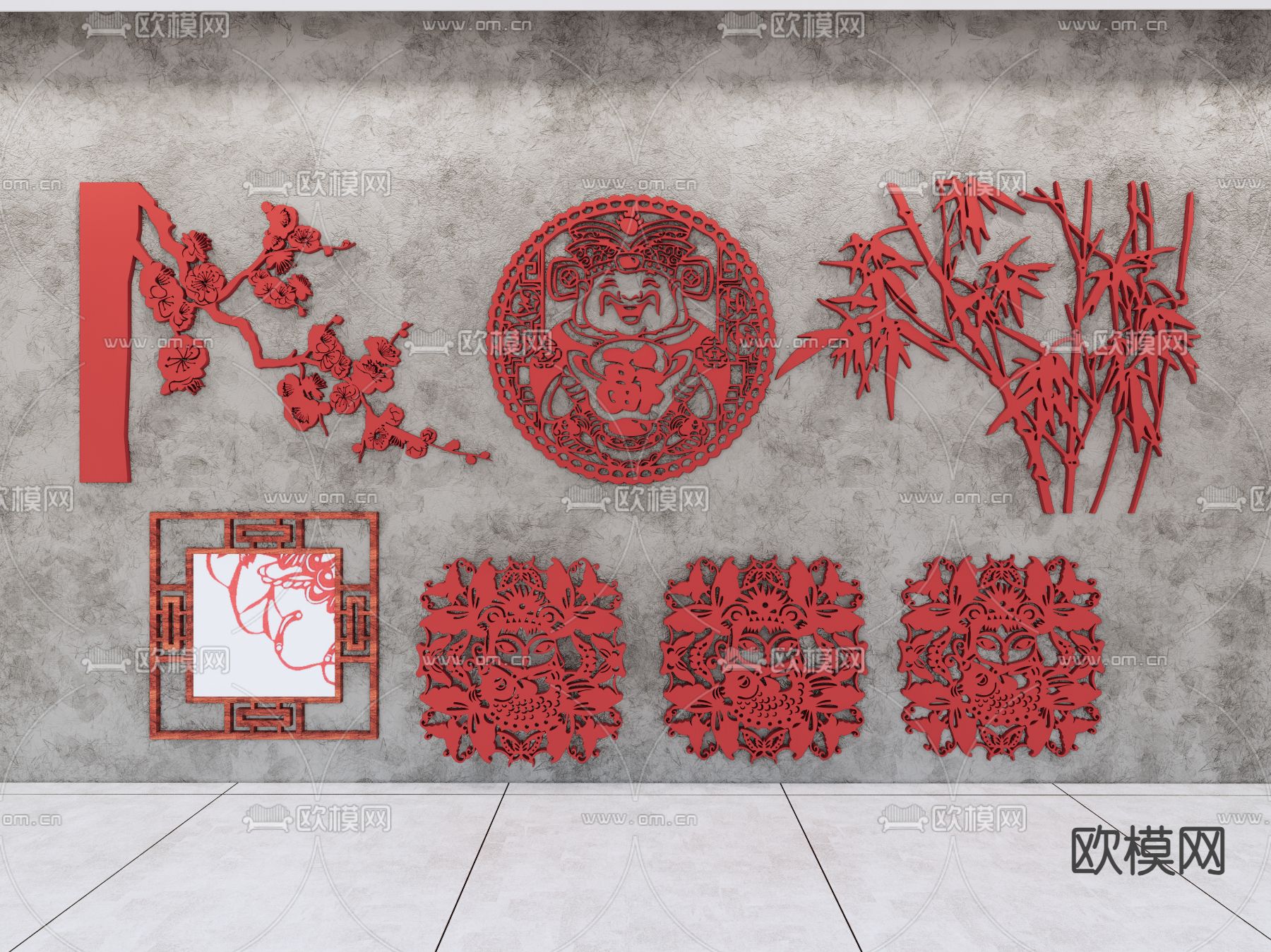 中式剪纸 装饰挂画 墙饰挂件su模型