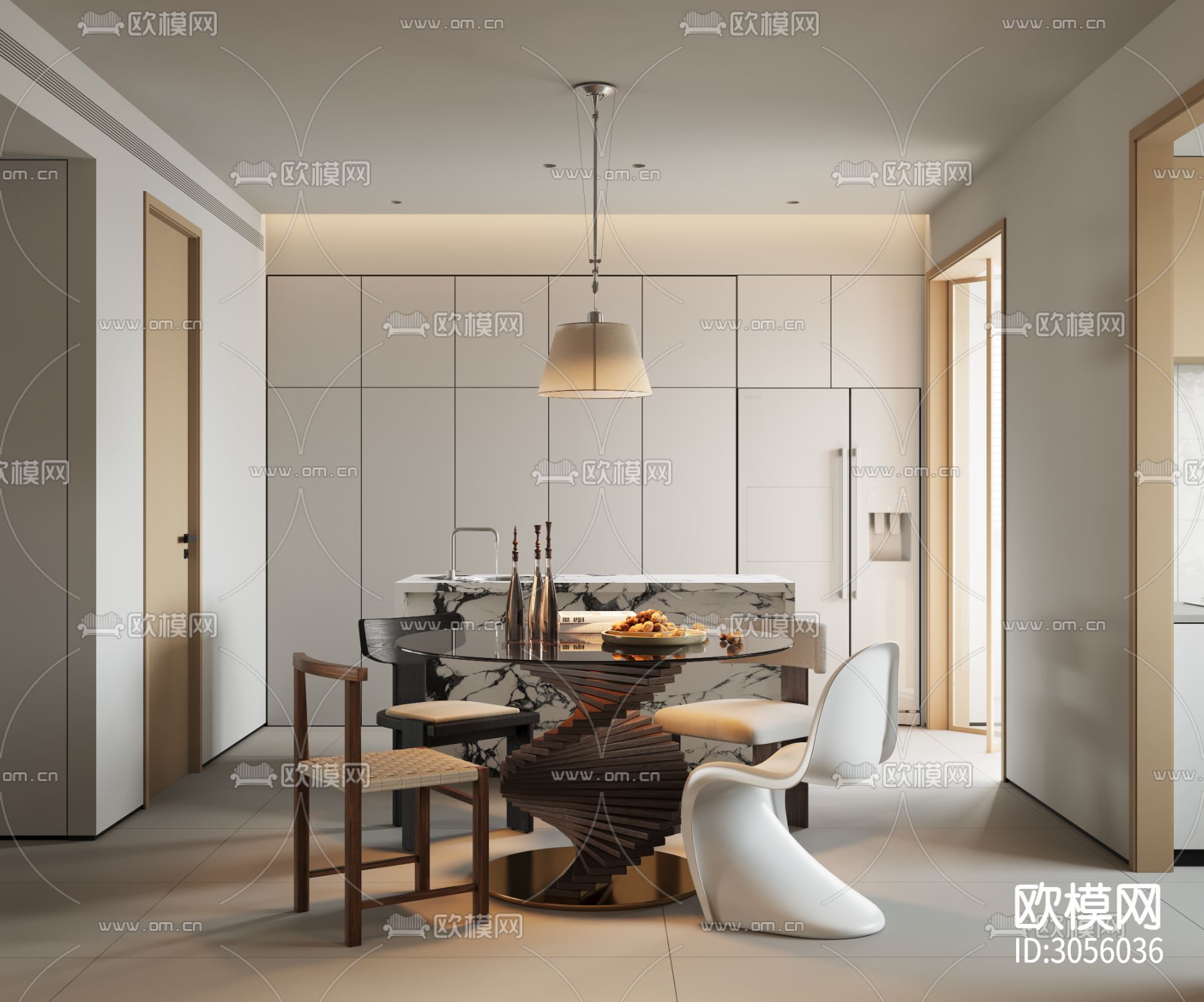 现代客餐厅 厨房效果图下载（渲染图1）