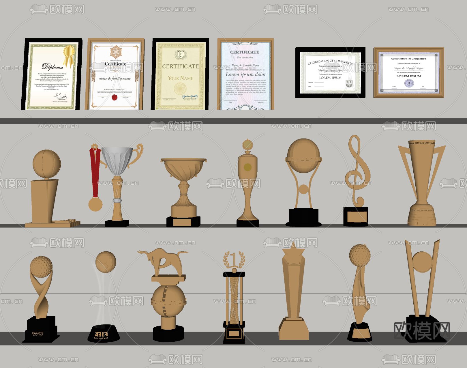 现代奖杯 荣誉证书su模型下载（渲染图1）