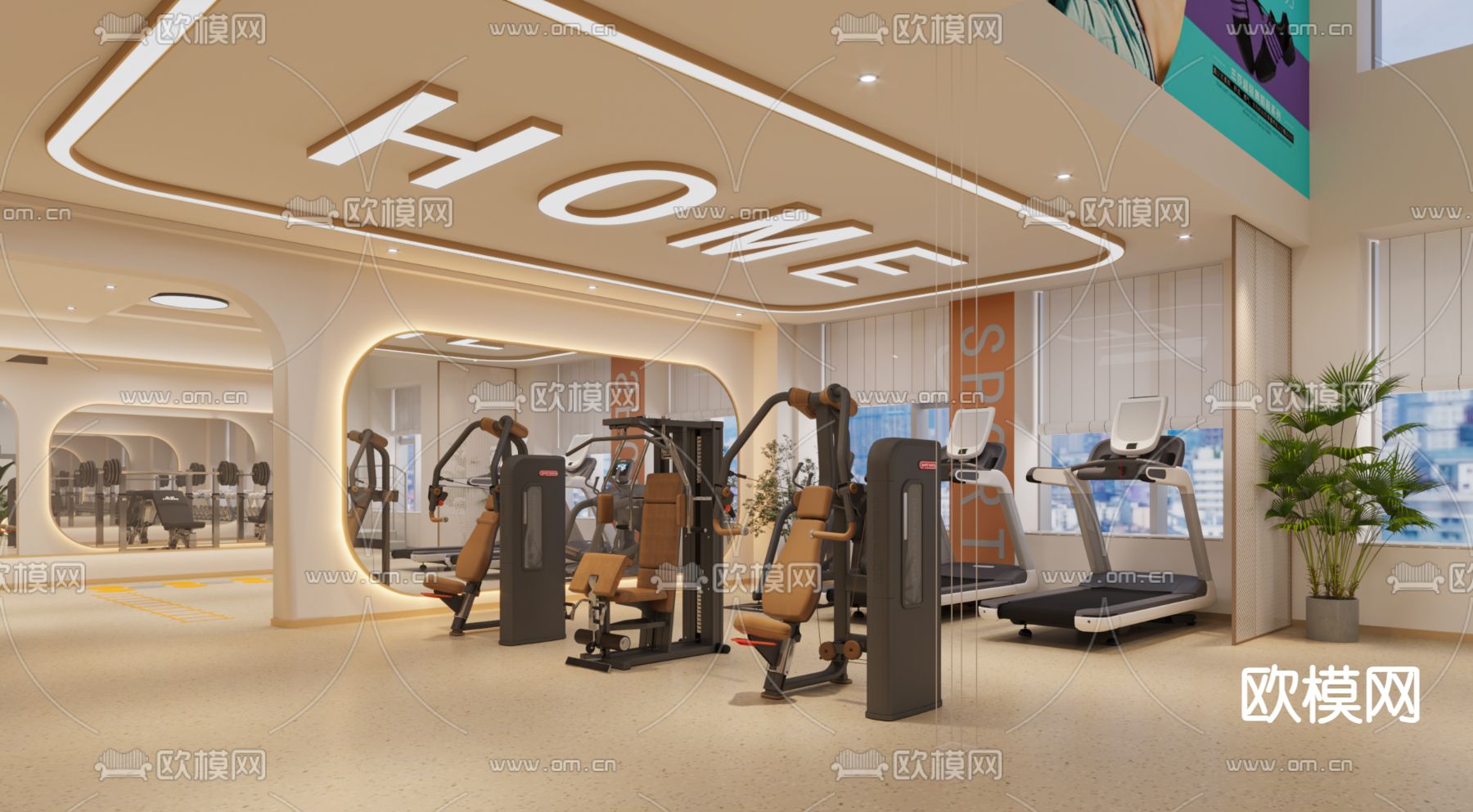 奶油风健身房3d模型下载（渲染图2）