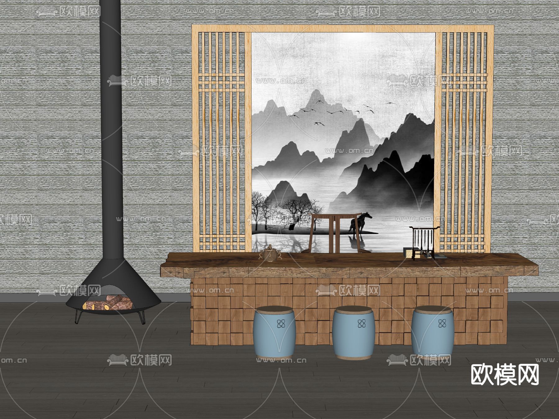 现代壁炉 茶桌椅su模型