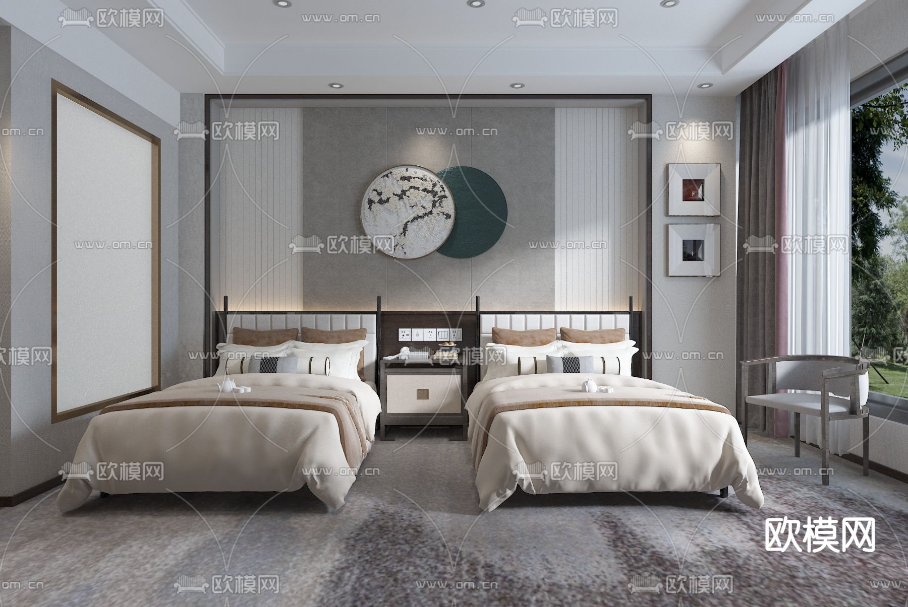 现代酒店宾馆标间 双人房su模型下载（渲染图2）