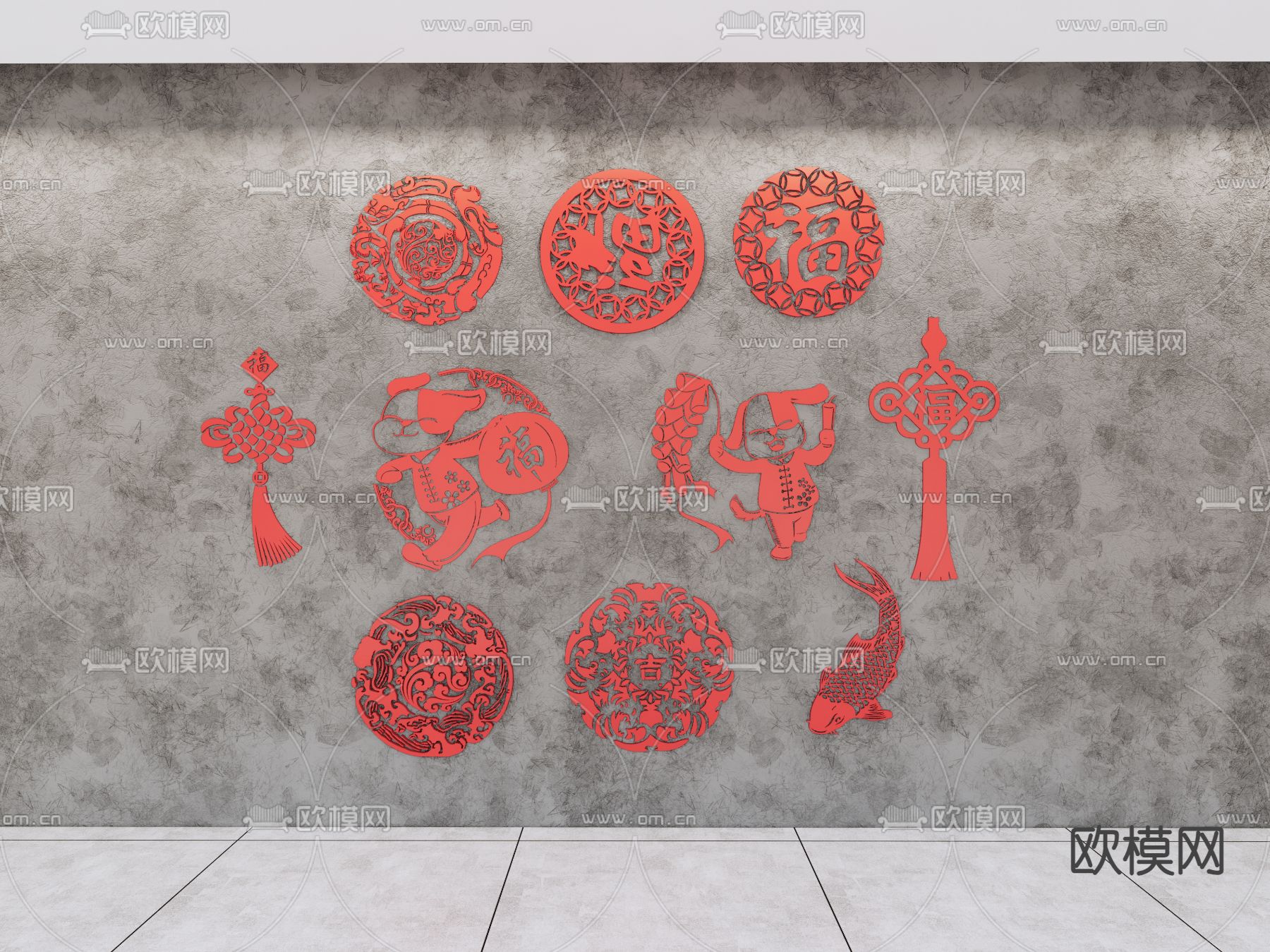 中式剪纸 装饰挂画 墙饰挂件su模型