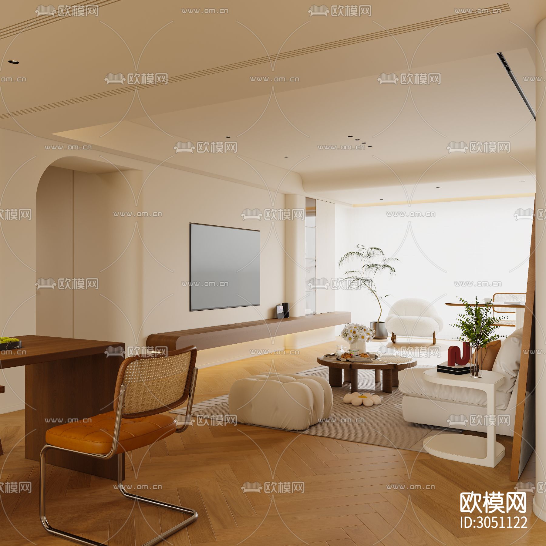 奶油风客厅 平层客餐厅效果图下载（渲染图8）