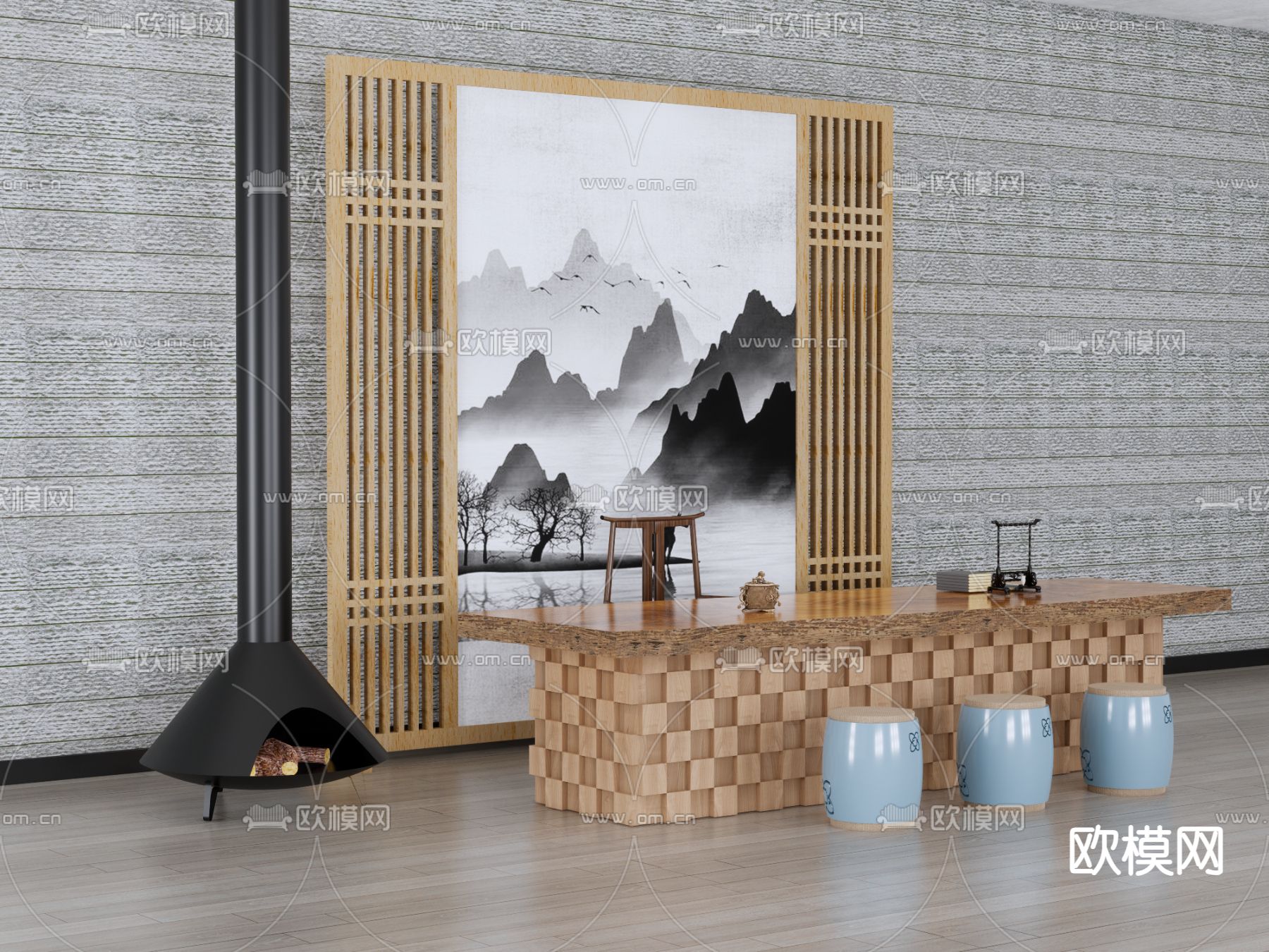 现代壁炉 茶桌椅su模型