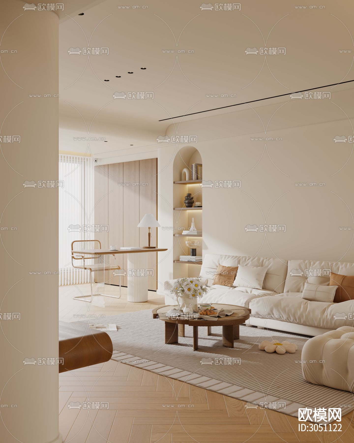 奶油风客厅 平层客餐厅效果图下载（渲染图5）