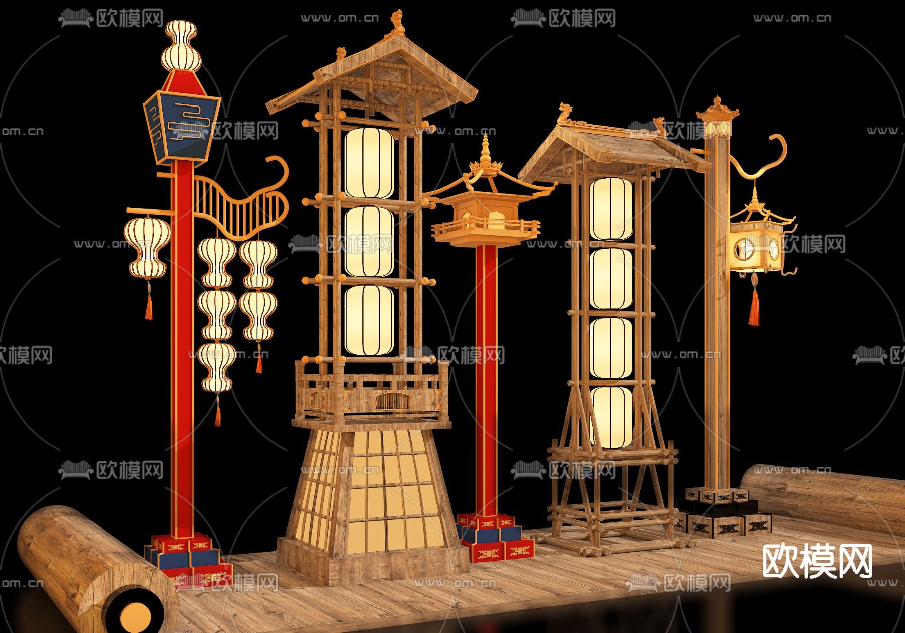 新中式招幌 商业美陈 户外装置 灯牌3d模型下载（渲染图1）