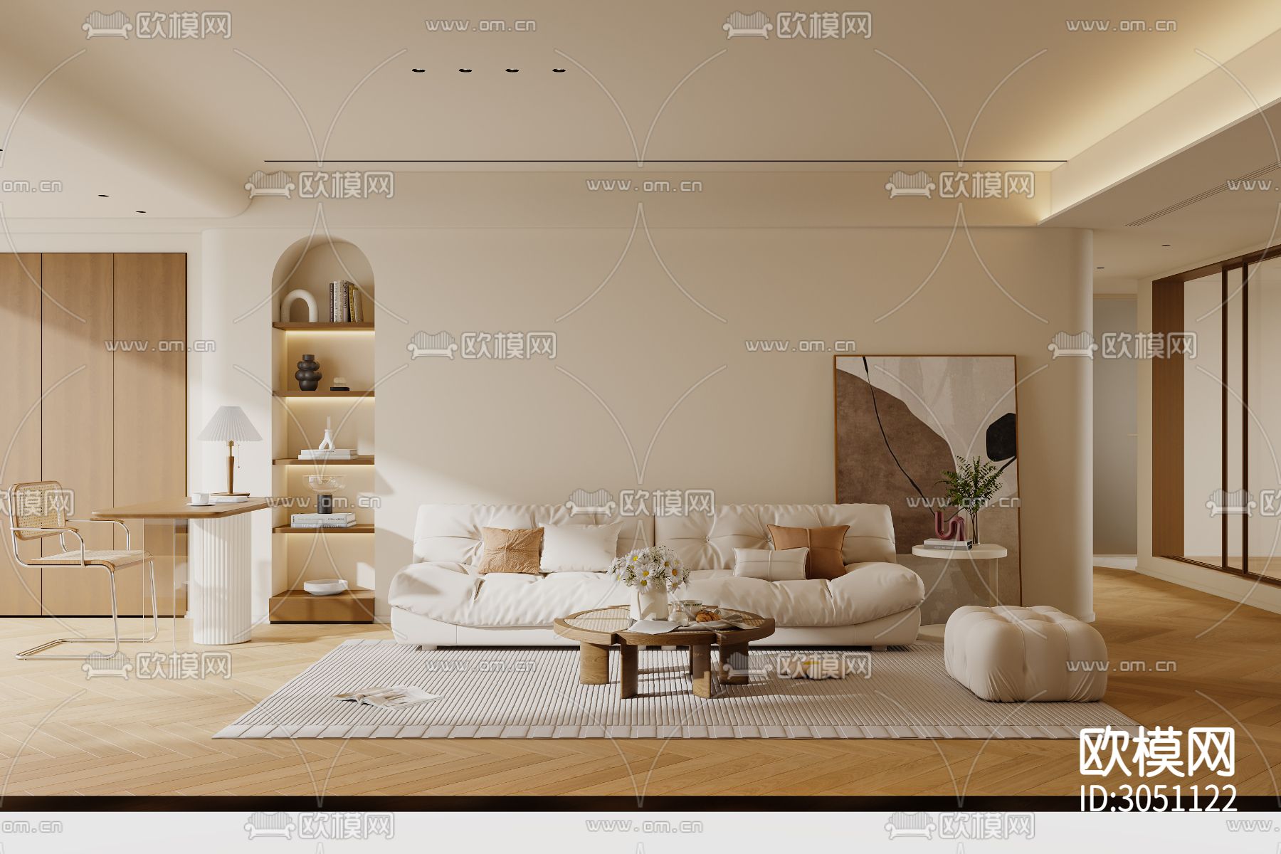 奶油风客厅 平层客餐厅效果图下载（渲染图1）