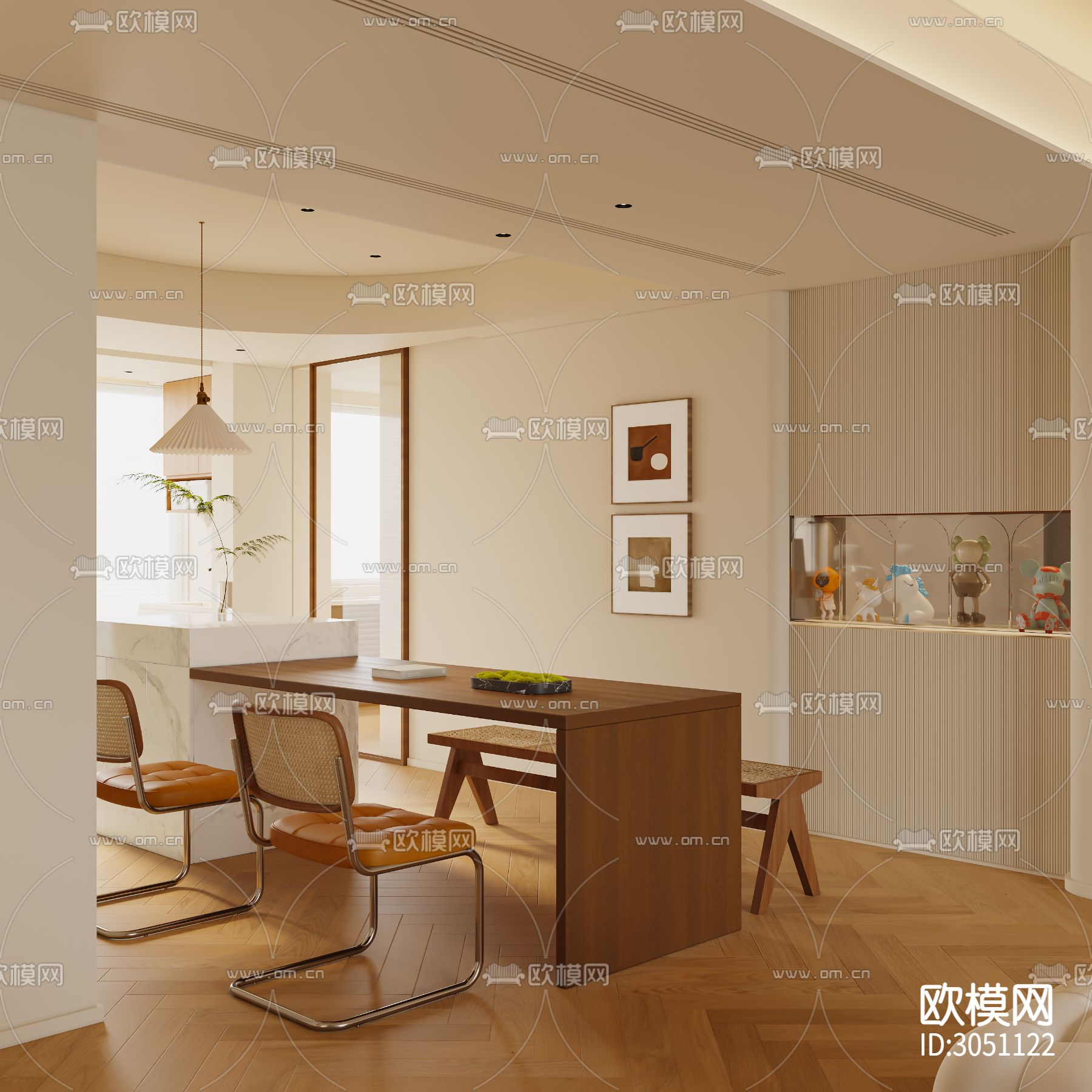 奶油风客厅 平层客餐厅效果图下载（渲染图6）