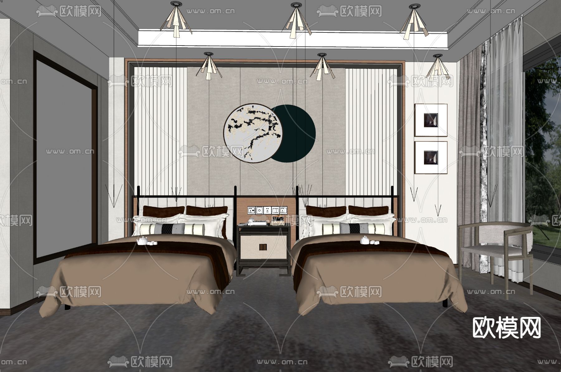 现代酒店宾馆标间 双人房su模型下载（渲染图1）