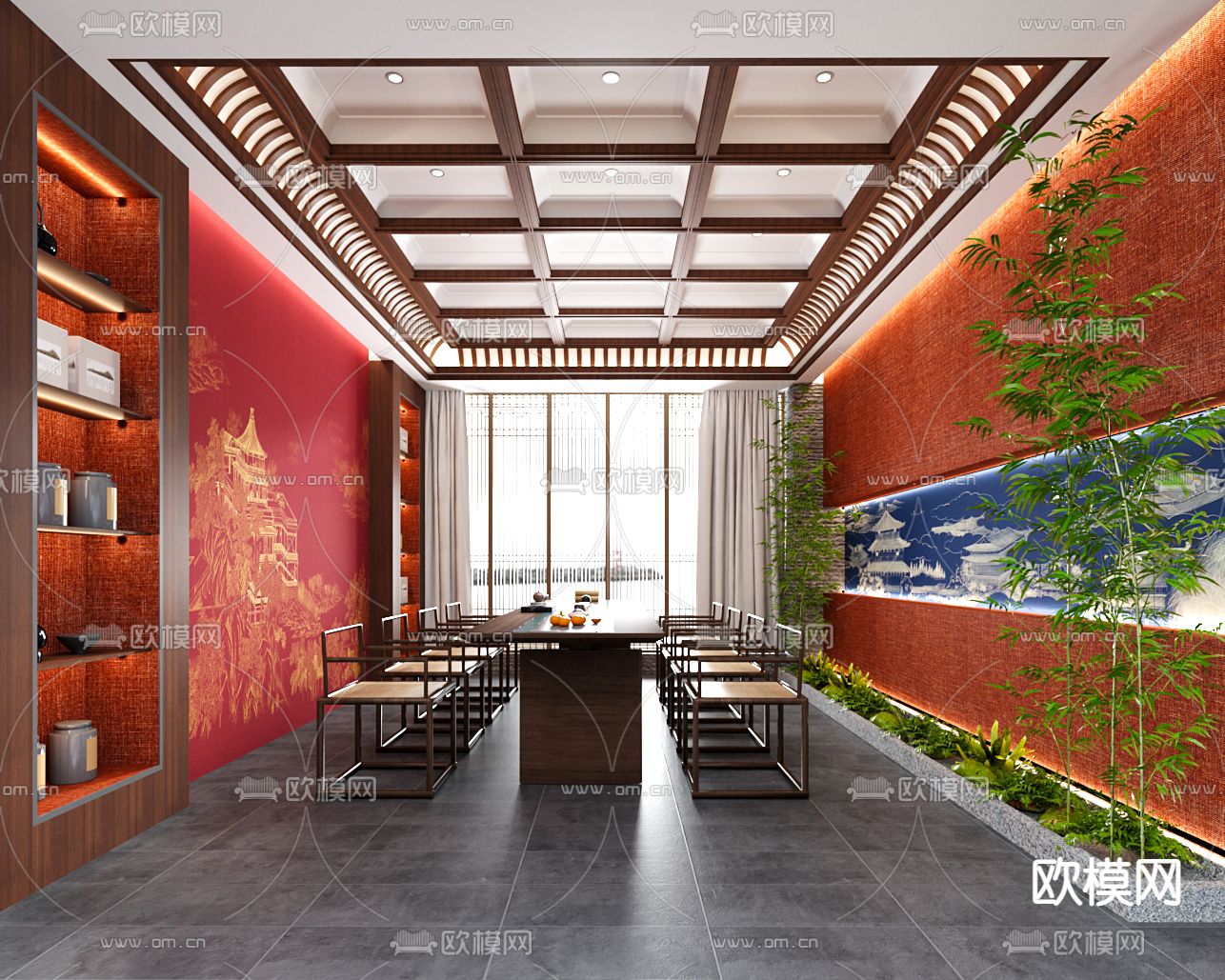 新中式会客厅 茶馆 茶室3d模型下载