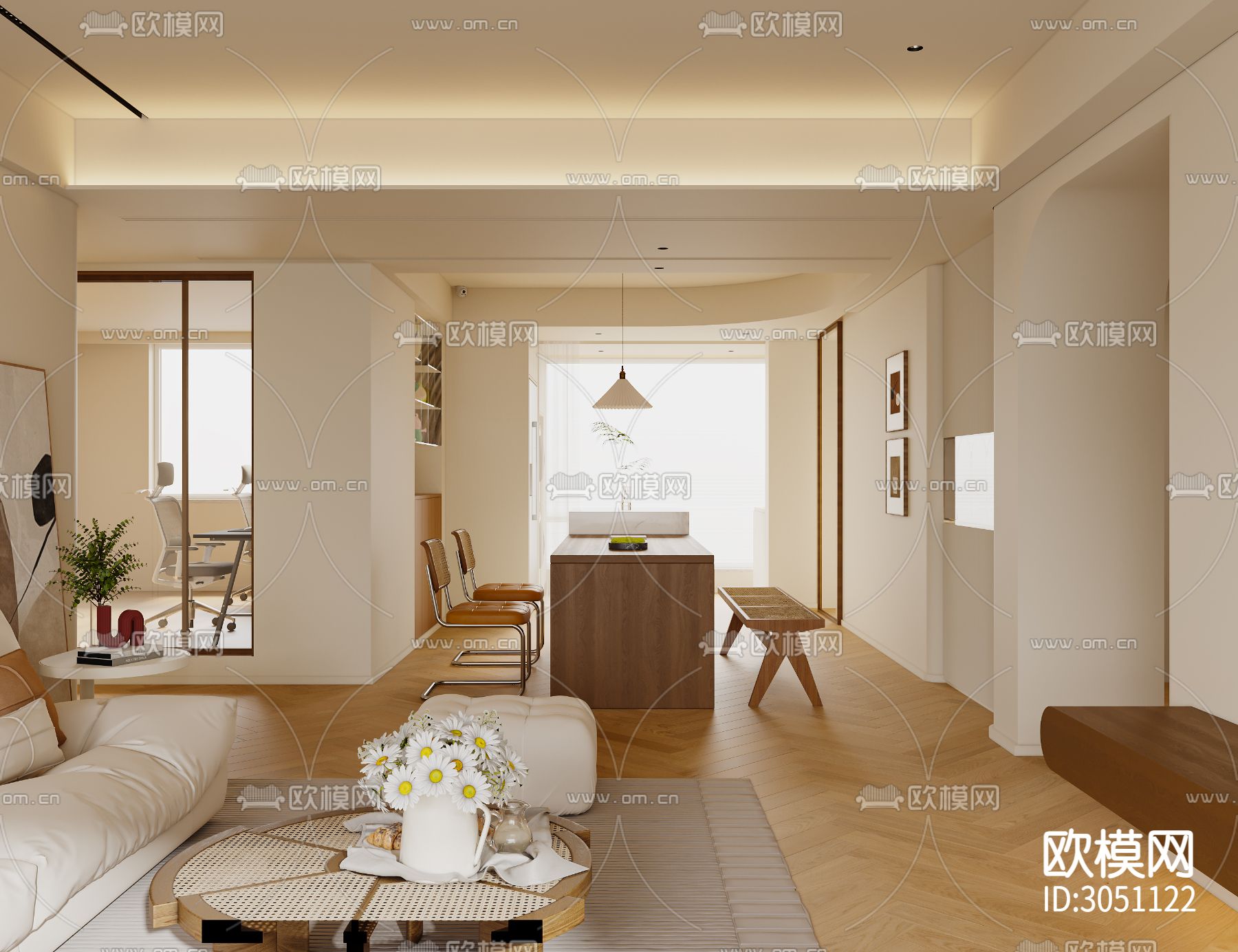 奶油风客厅 平层客餐厅效果图下载（渲染图7）