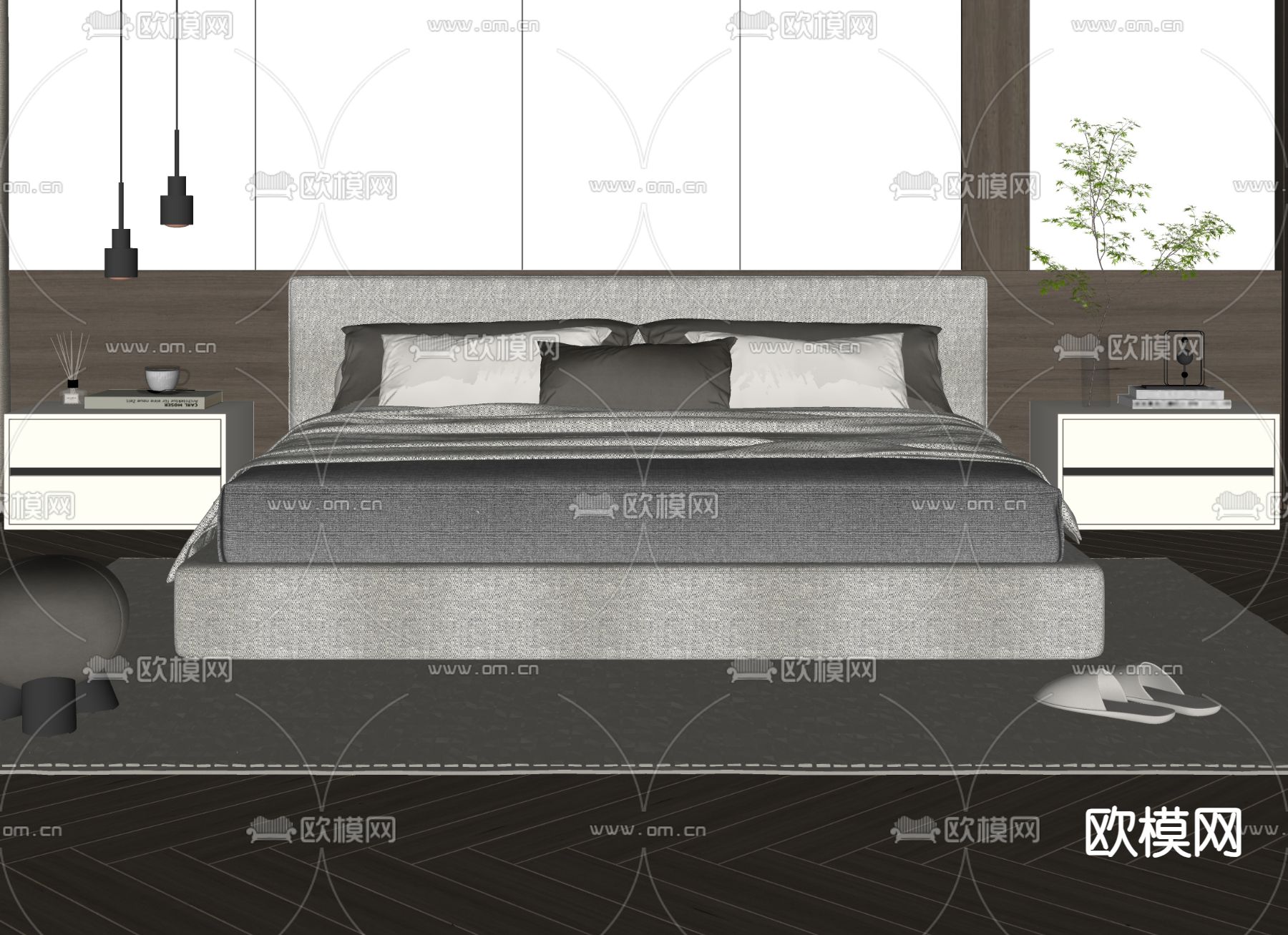现代双人床su模型下载（渲染图1）