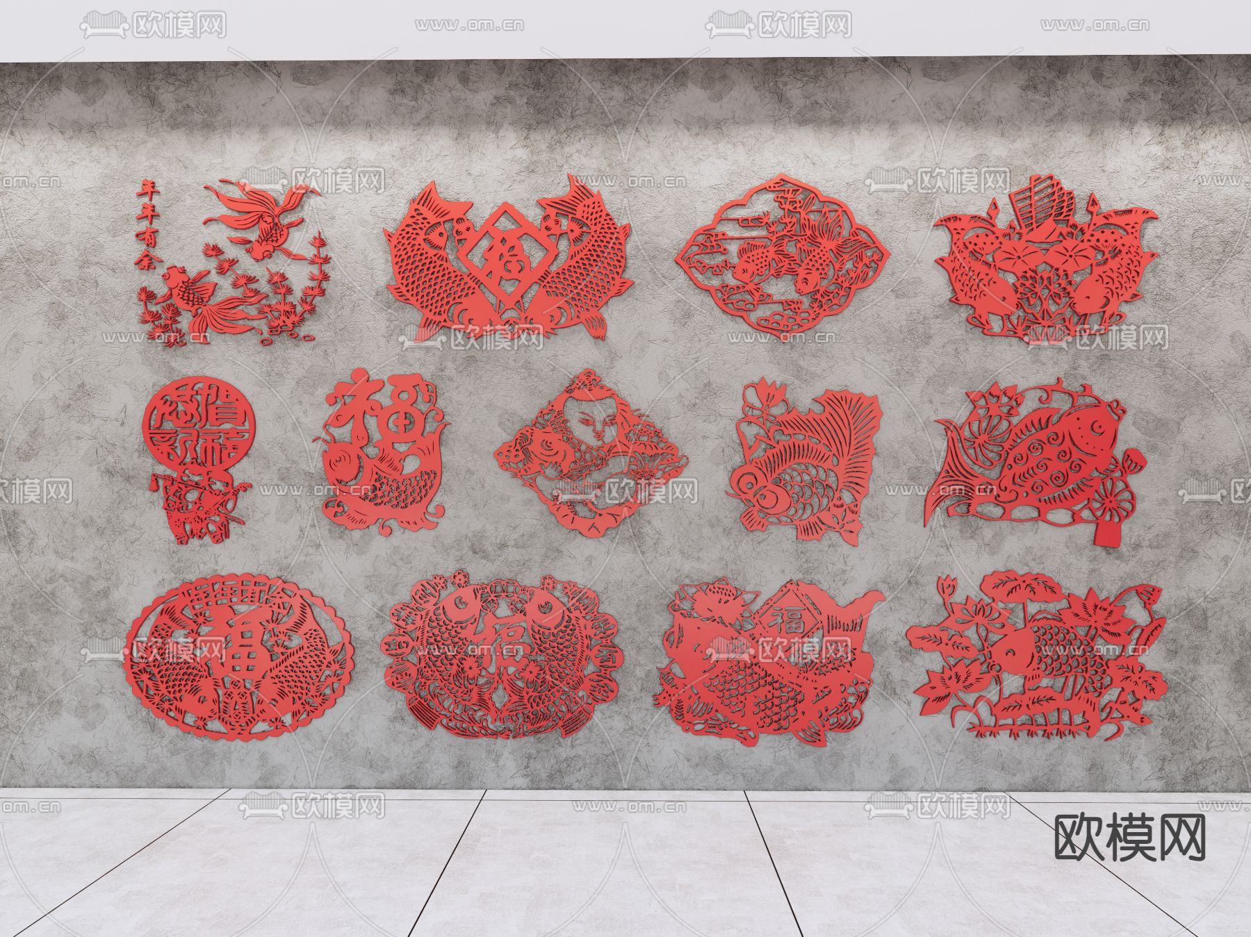 中式剪纸 装饰挂画 墙饰挂件su模型