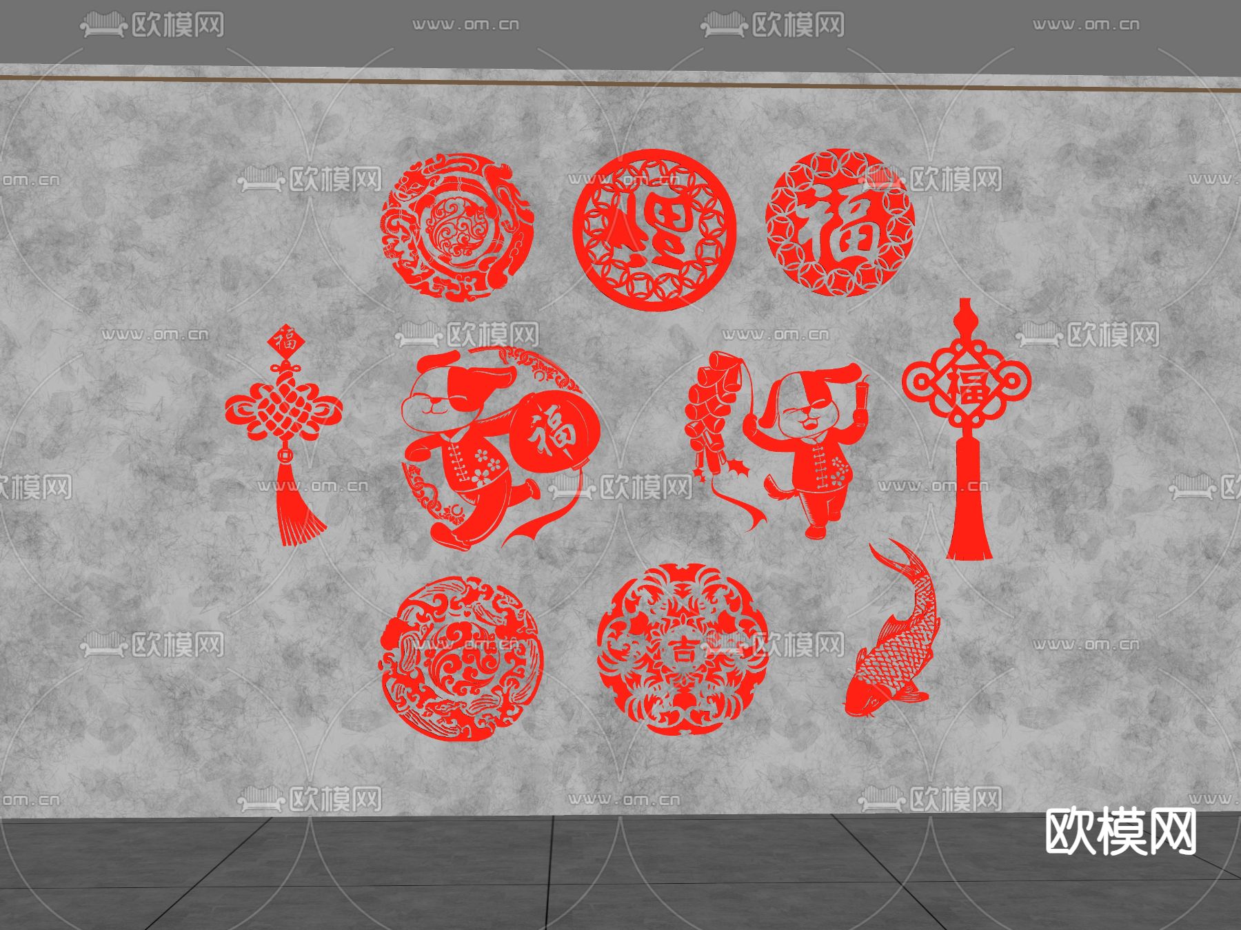 中式剪纸 装饰挂画 墙饰挂件su模型