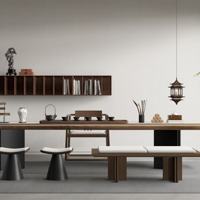 新中式茶桌椅 茶台su模型