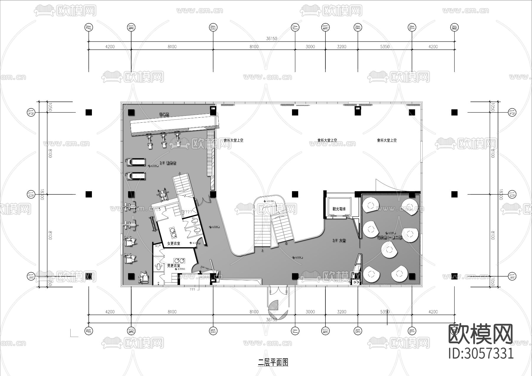 1500㎡三层高端健身休闲会所cad平面图下载（渲染图2）