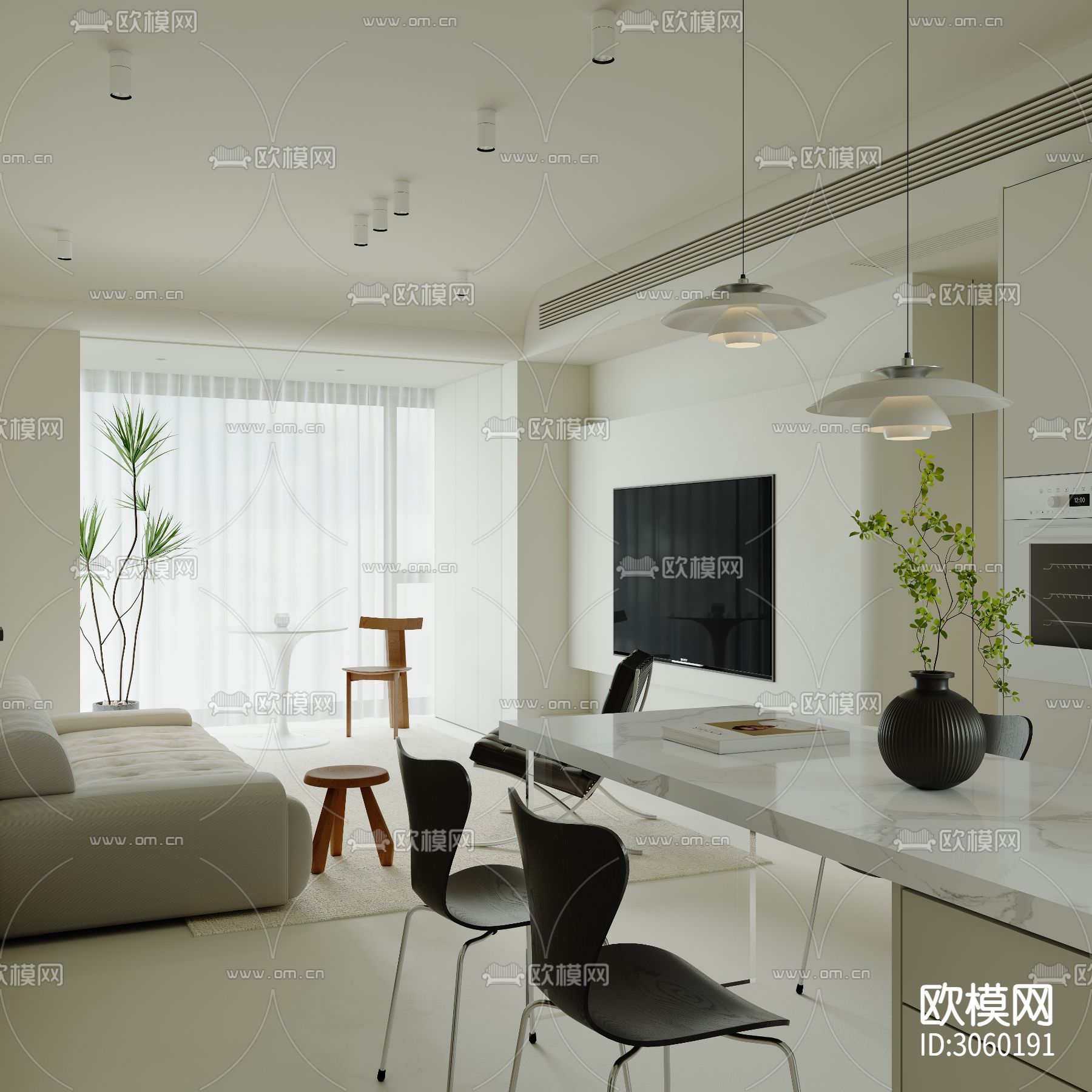 现代极简客餐厅 厨房效果图下载（渲染图5）