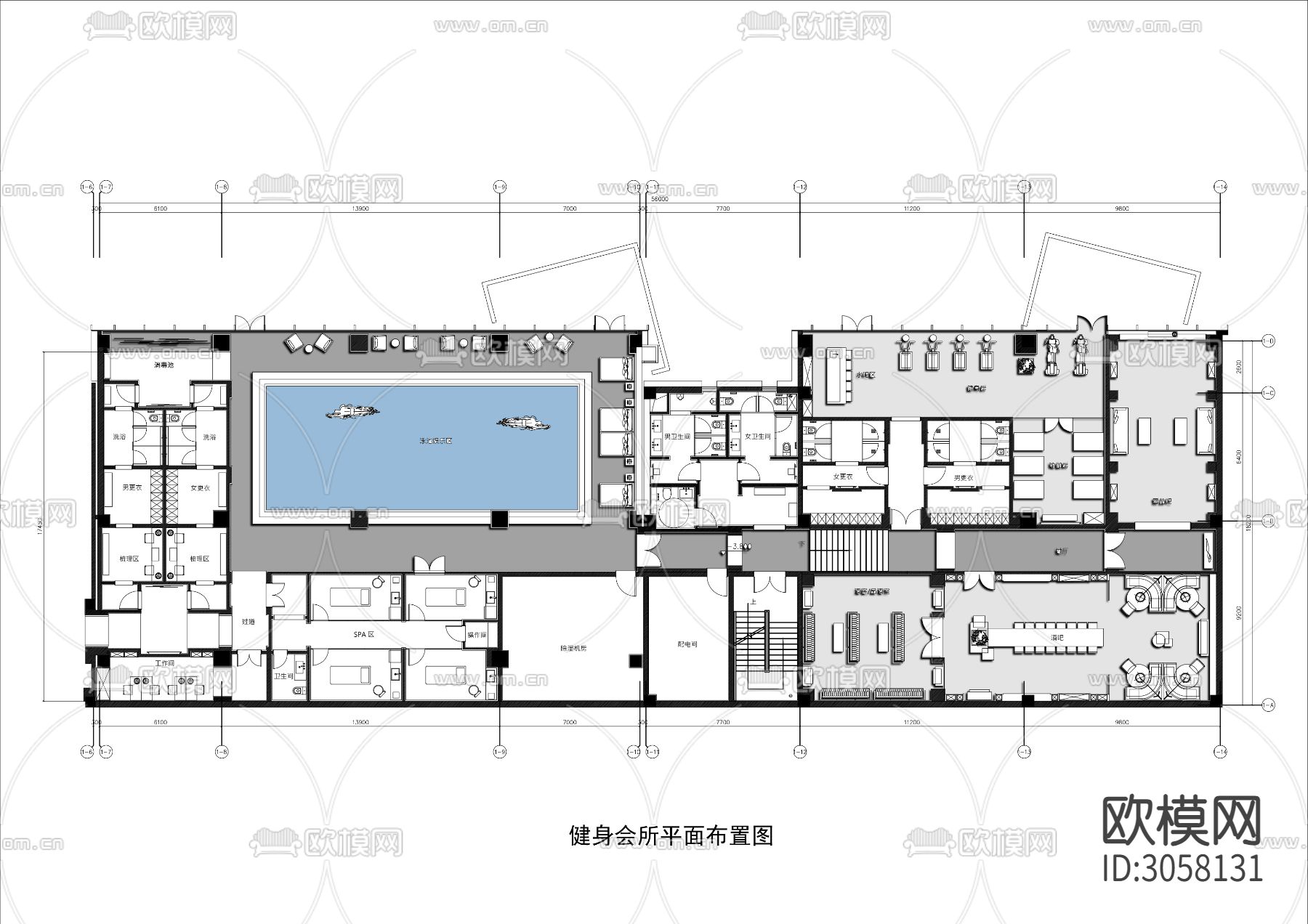 900㎡游泳健身会所cad平面图