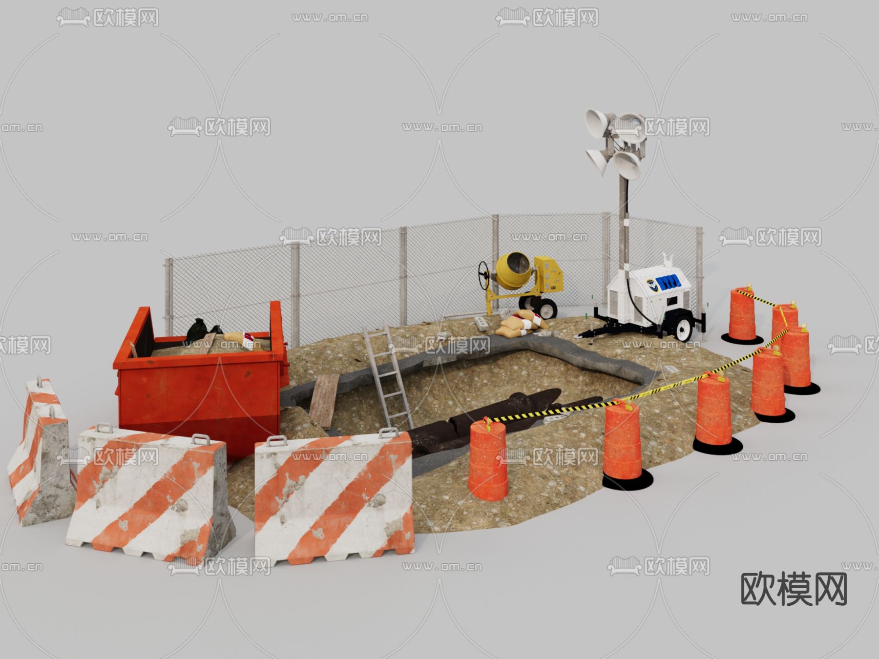 施工设备 路障 铁丝网 探照灯3d模型下载
