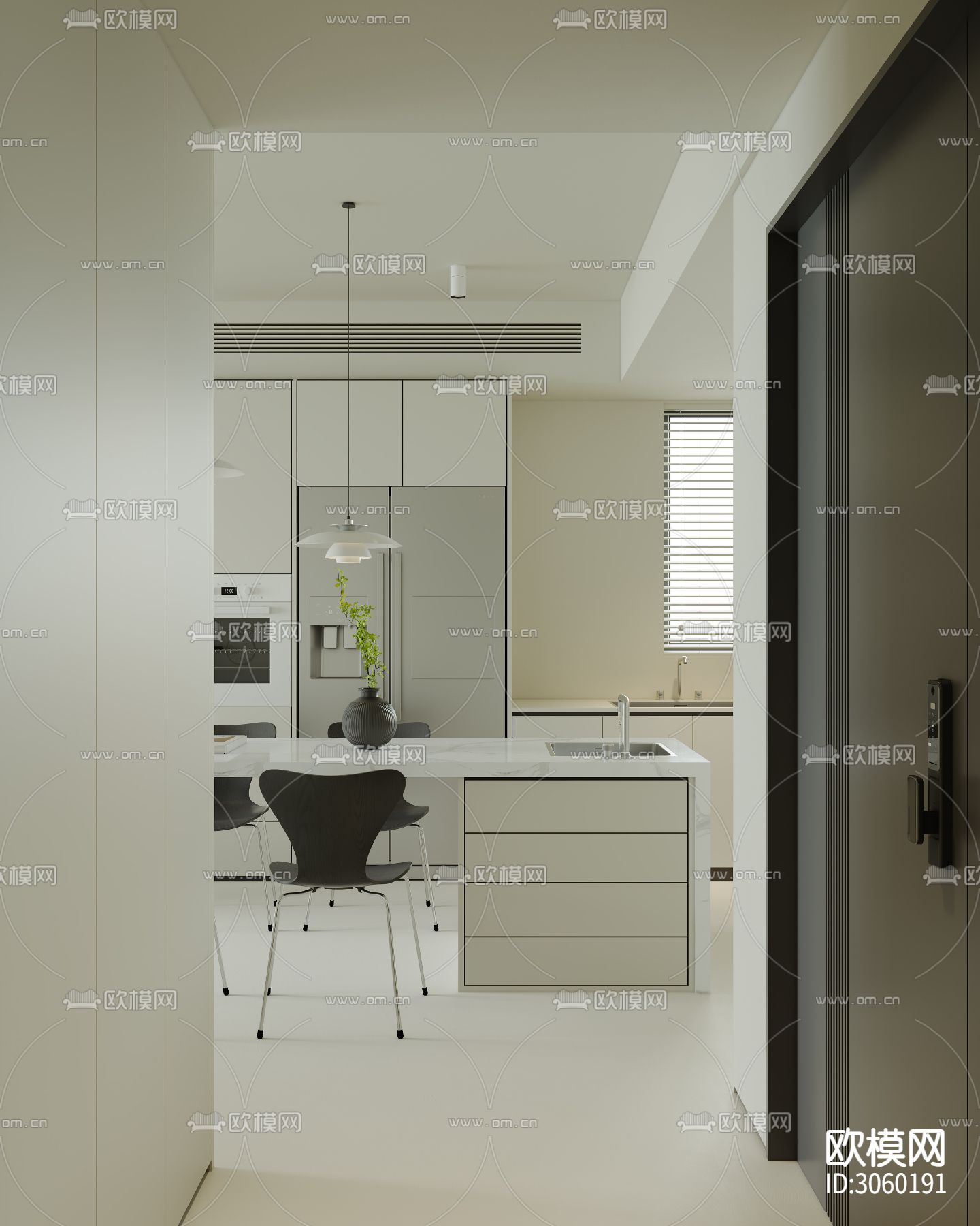 现代极简客餐厅 厨房效果图下载（渲染图4）