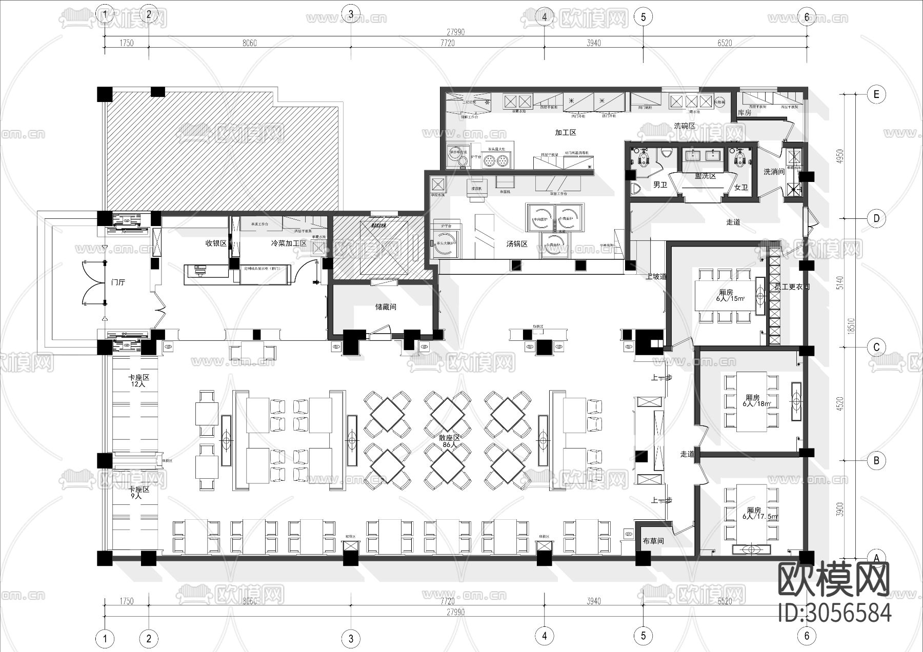 500㎡中餐厅cad平面图下载（渲染图1）
