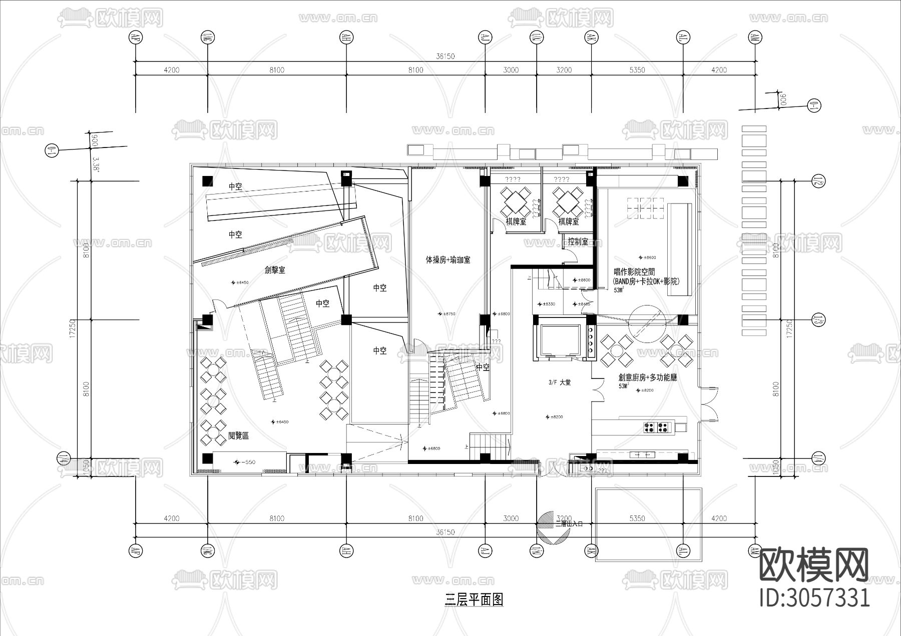 1500㎡三层高端健身休闲会所cad平面图下载（渲染图3）