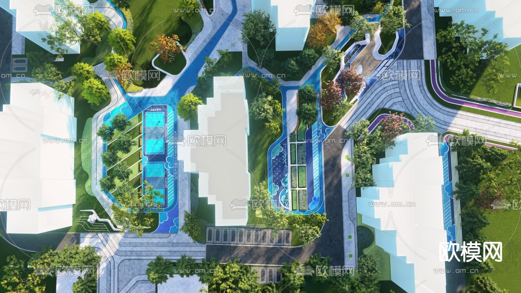 现代小区景观su模型下载（渲染图3）