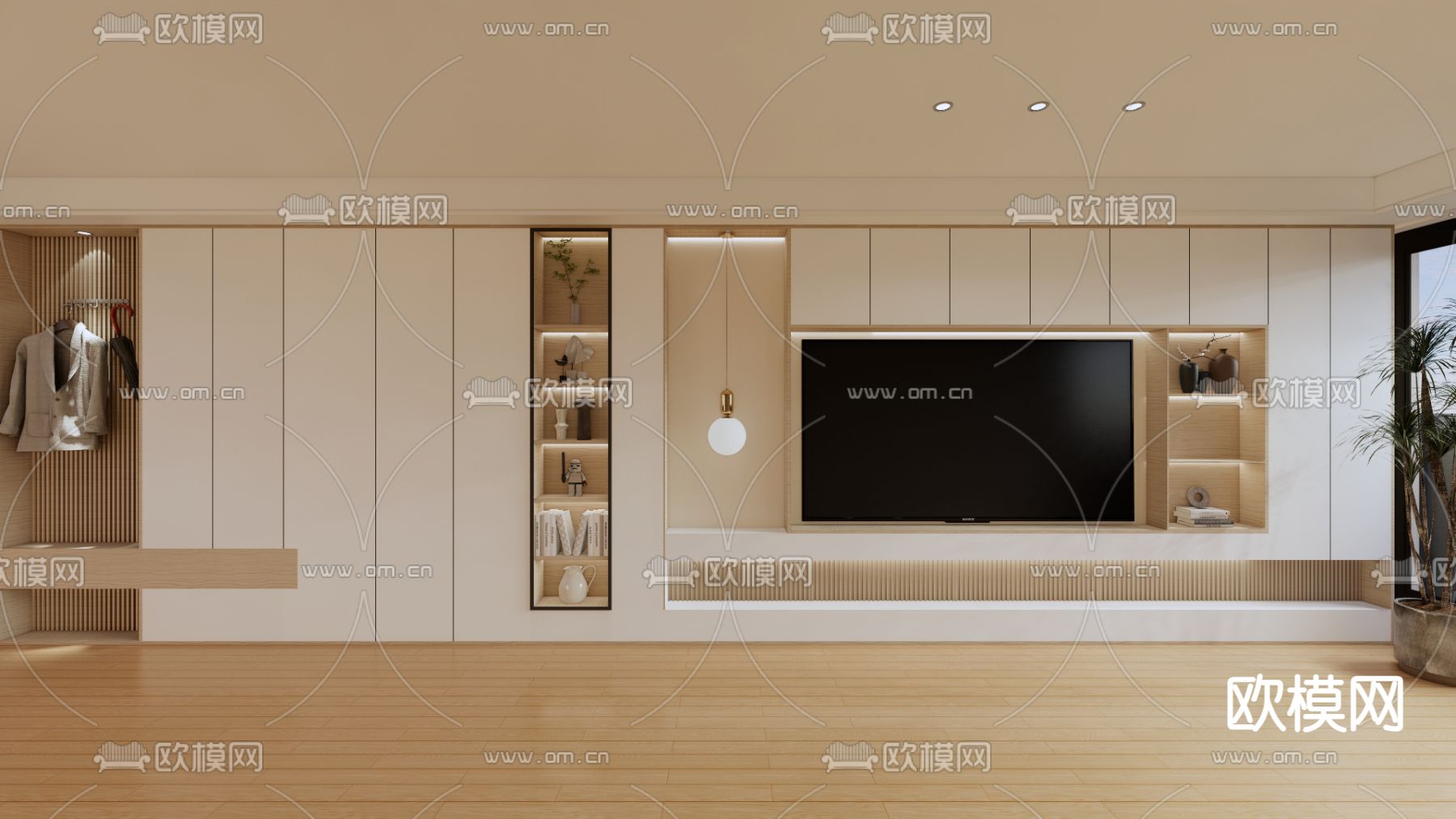 奶油风电视背景墙 鞋柜一体柜su模型下载（渲染图2）