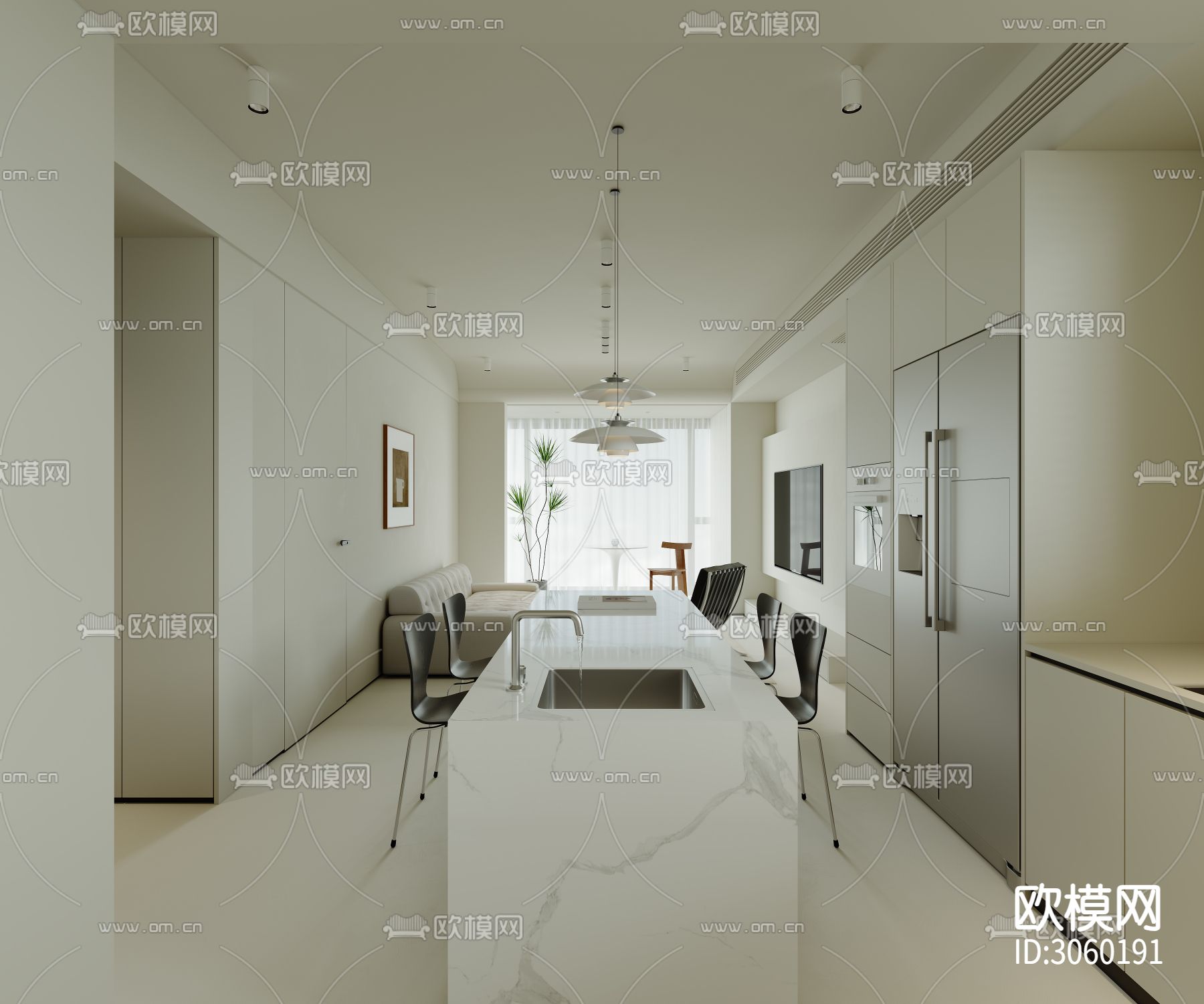 现代极简客餐厅 厨房效果图下载（渲染图2）