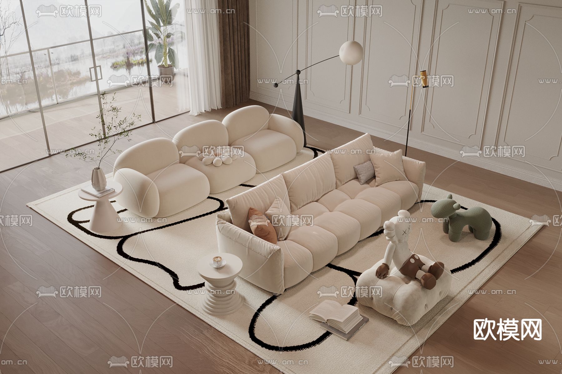 奶油风沙发 多人沙发 三人沙发3d模型下载