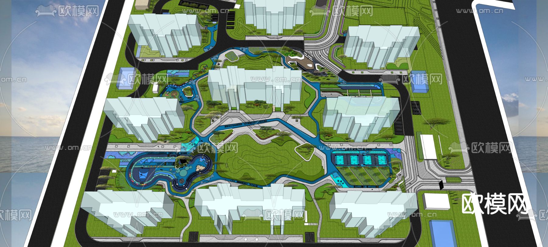 现代小区景观su模型下载（渲染图1）