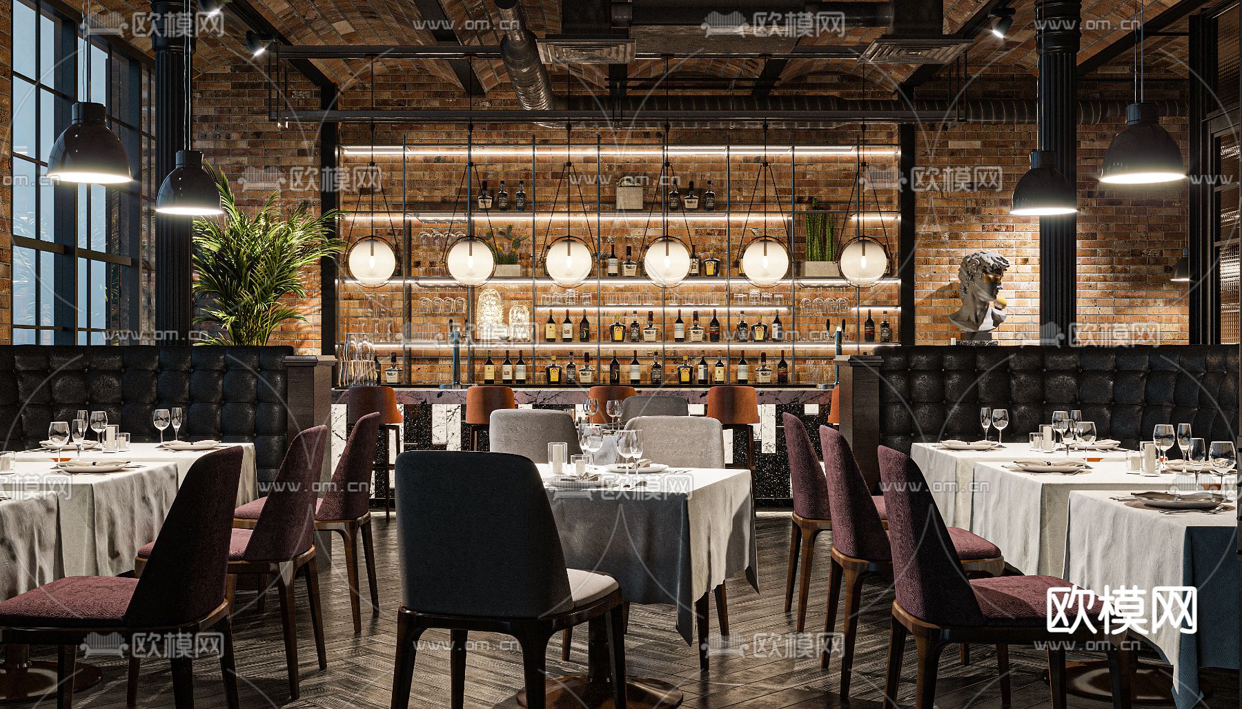 工业风西餐厅 酒吧餐厅3d模型下载