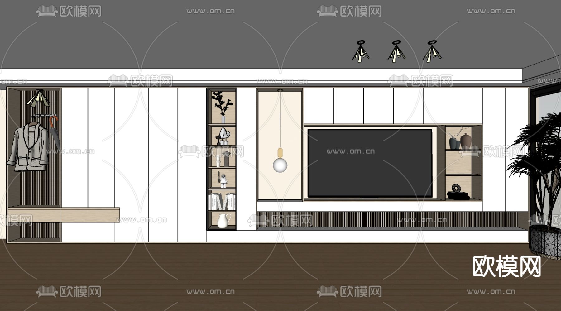奶油风电视背景墙 鞋柜一体柜su模型下载（渲染图1）