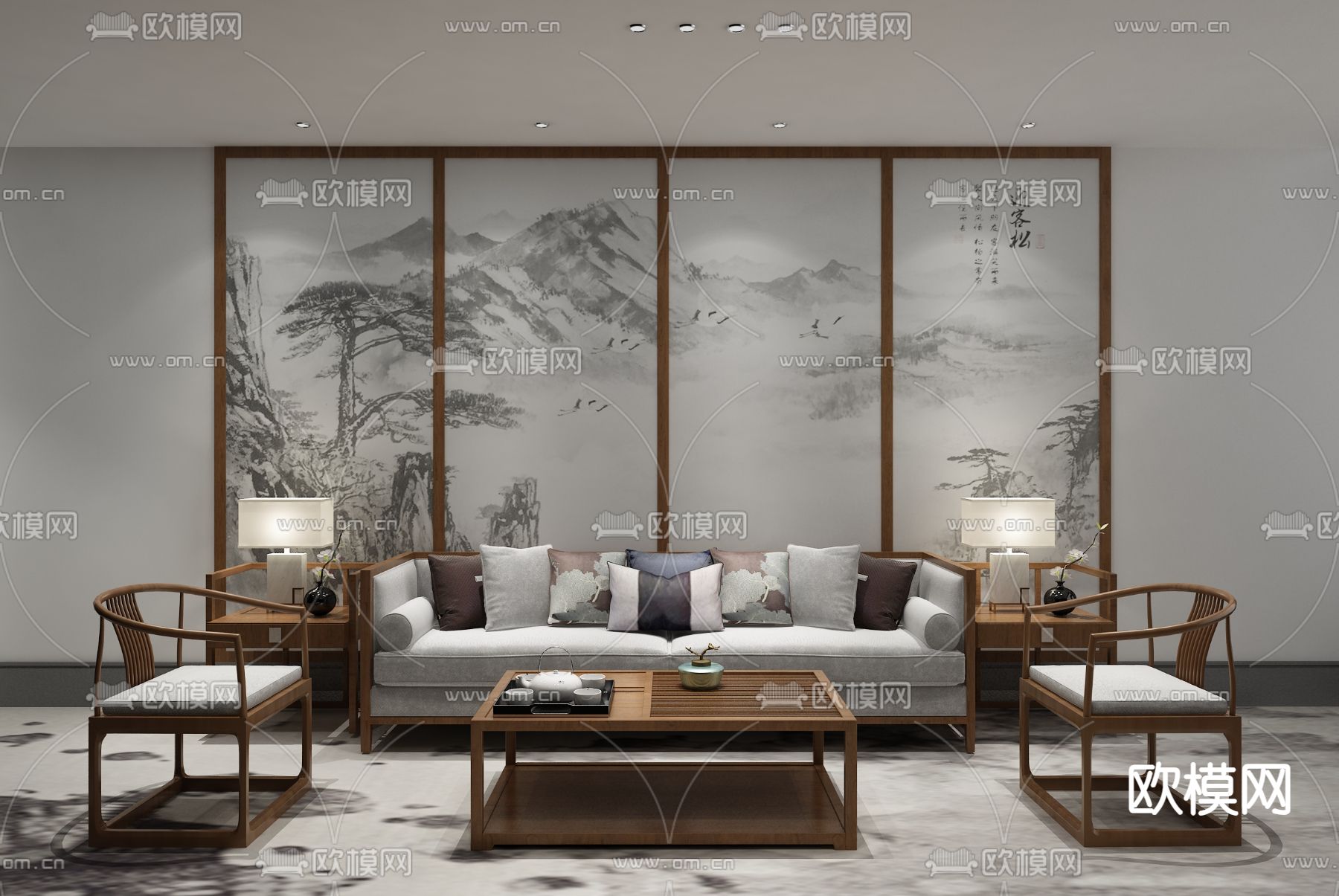 新中式组合沙发su模型下载（渲染图2）