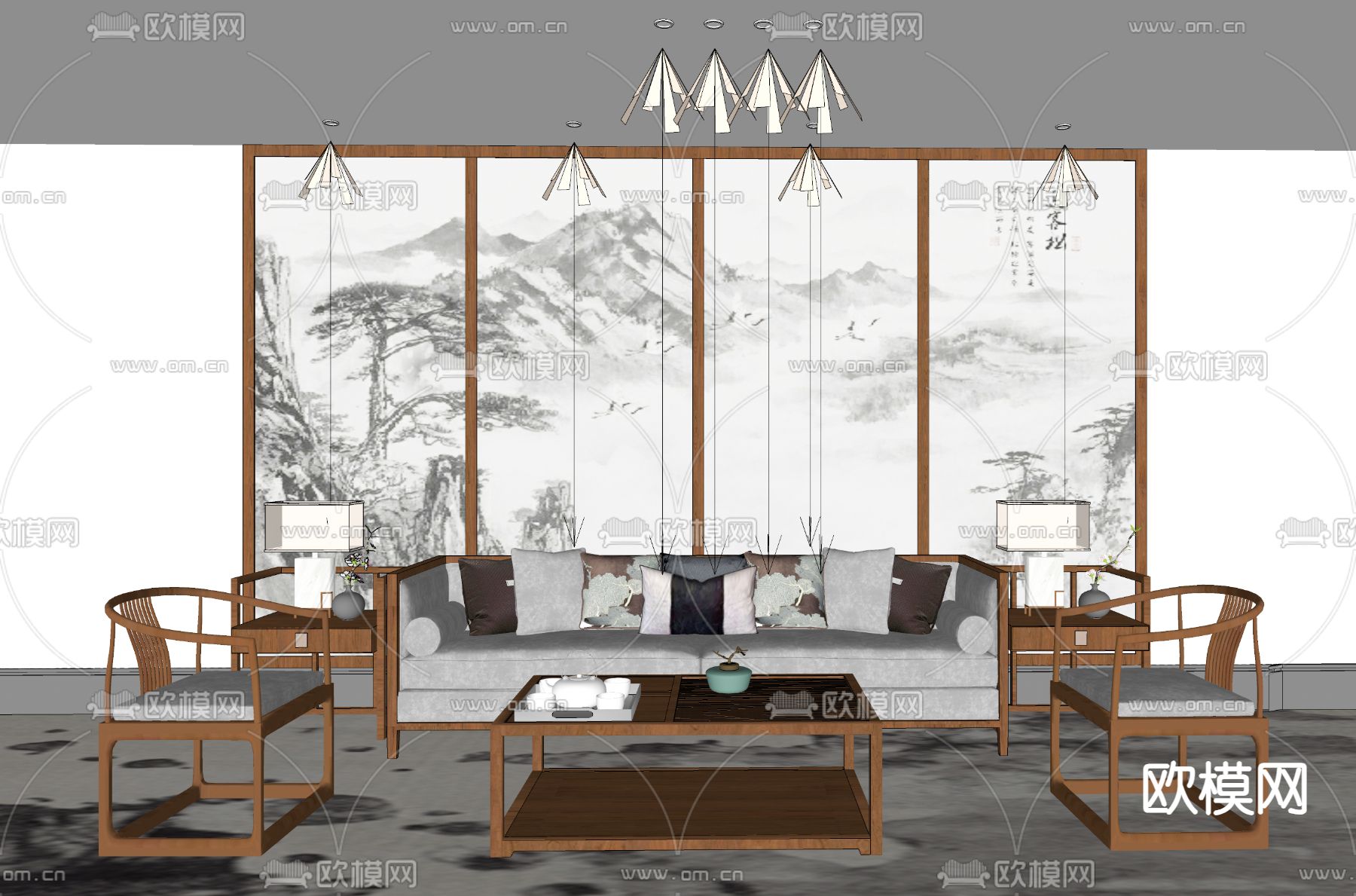 新中式组合沙发su模型下载（渲染图1）