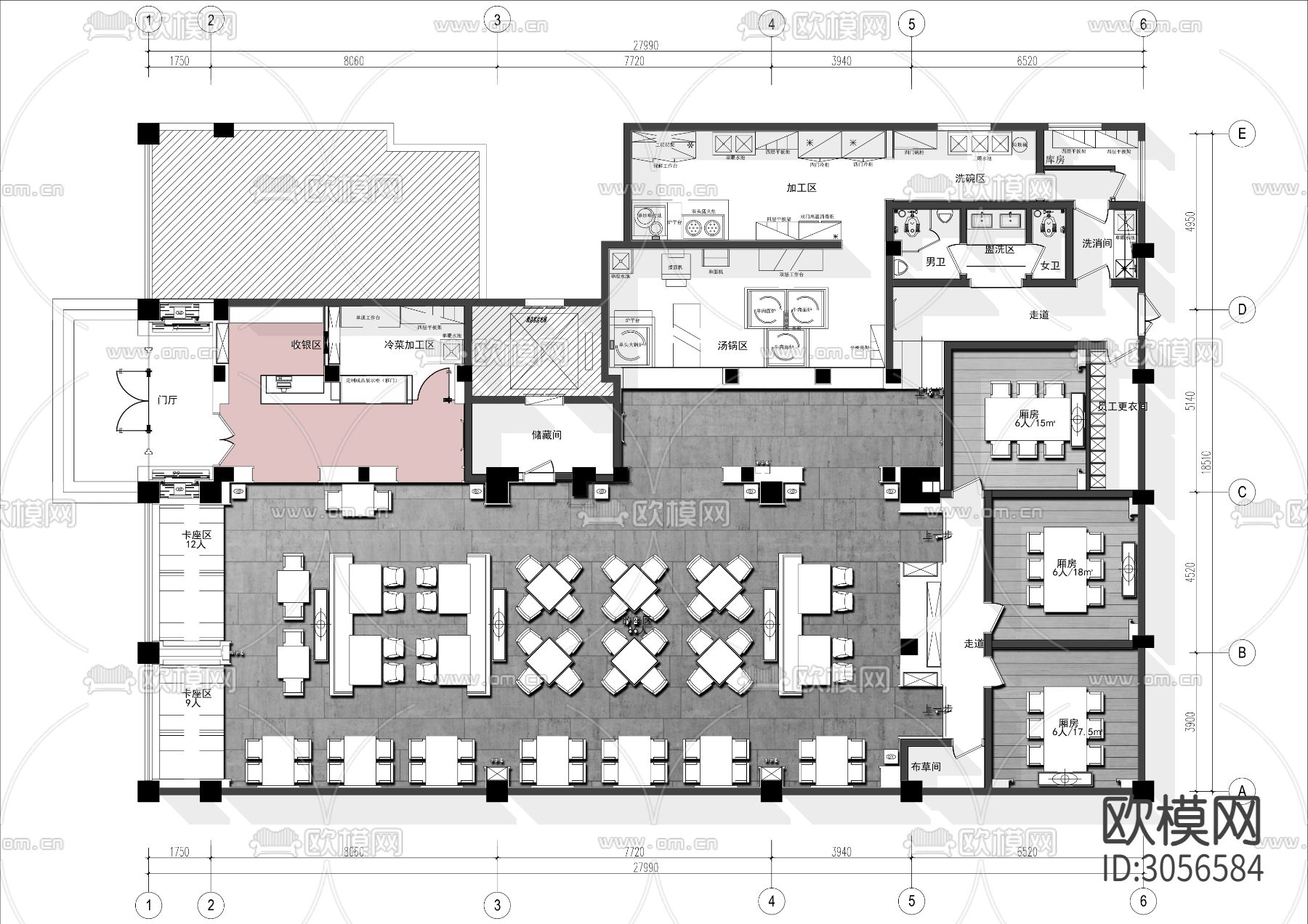 500㎡中餐厅cad平面图下载（渲染图2）