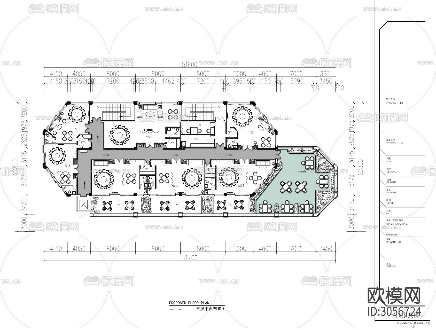 3000㎡三层酒楼cad平面图下载（渲染图3）