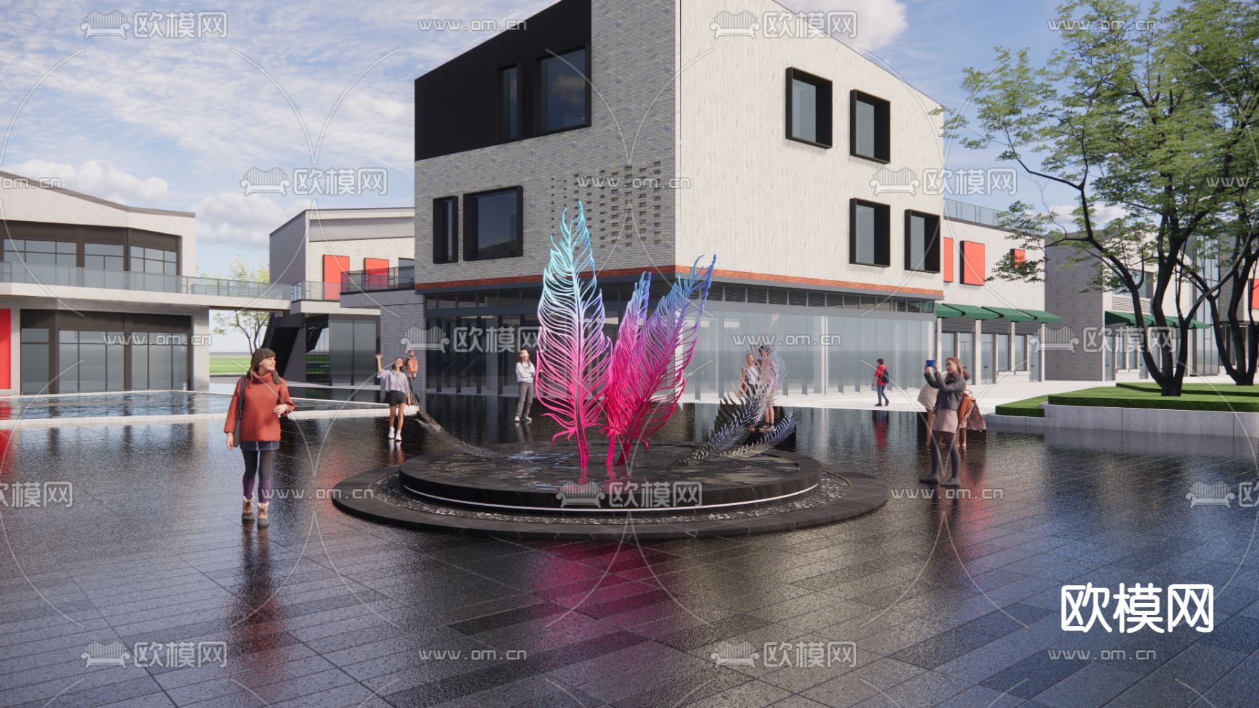 现代商业街 水景 羽毛雕塑小品su模型下载（渲染图2）