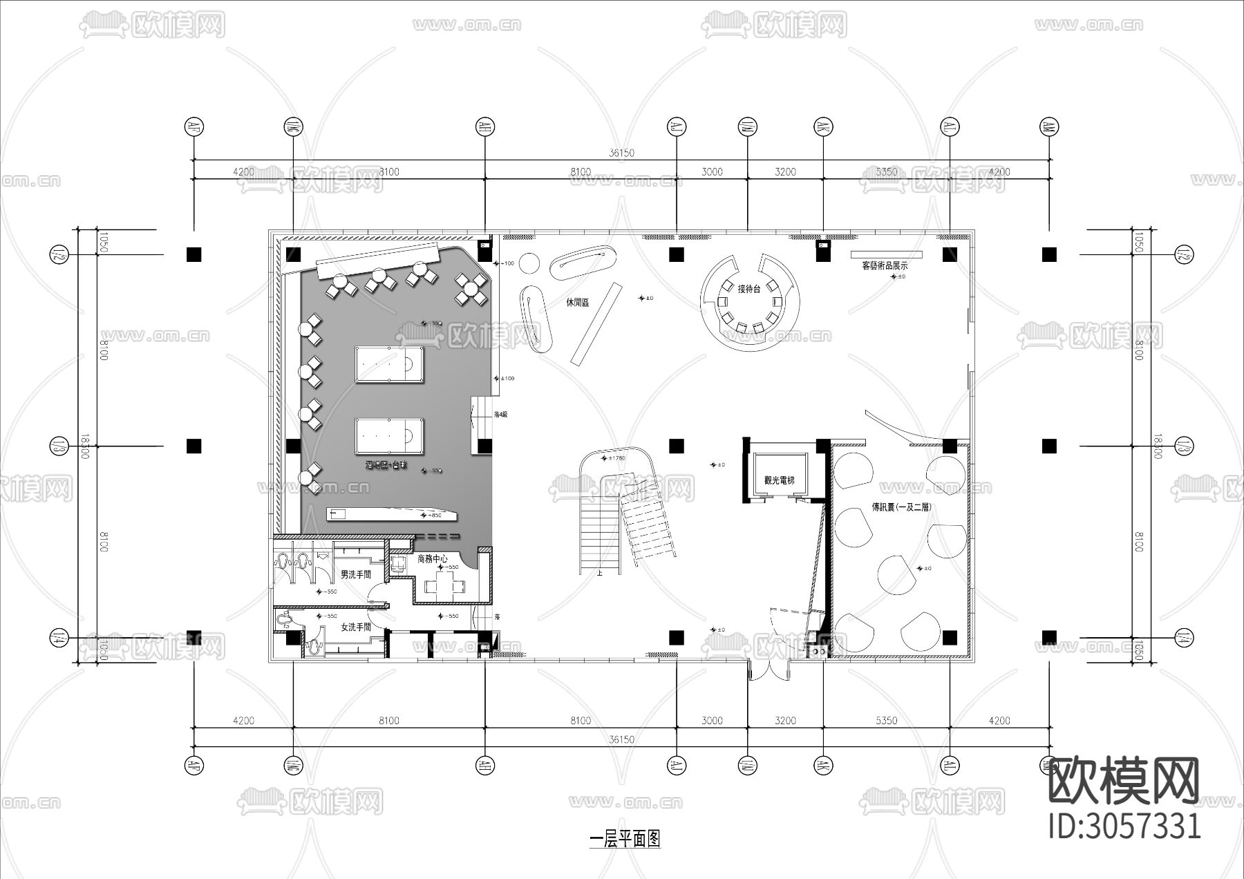 1500㎡三层高端健身休闲会所cad平面图下载（渲染图1）