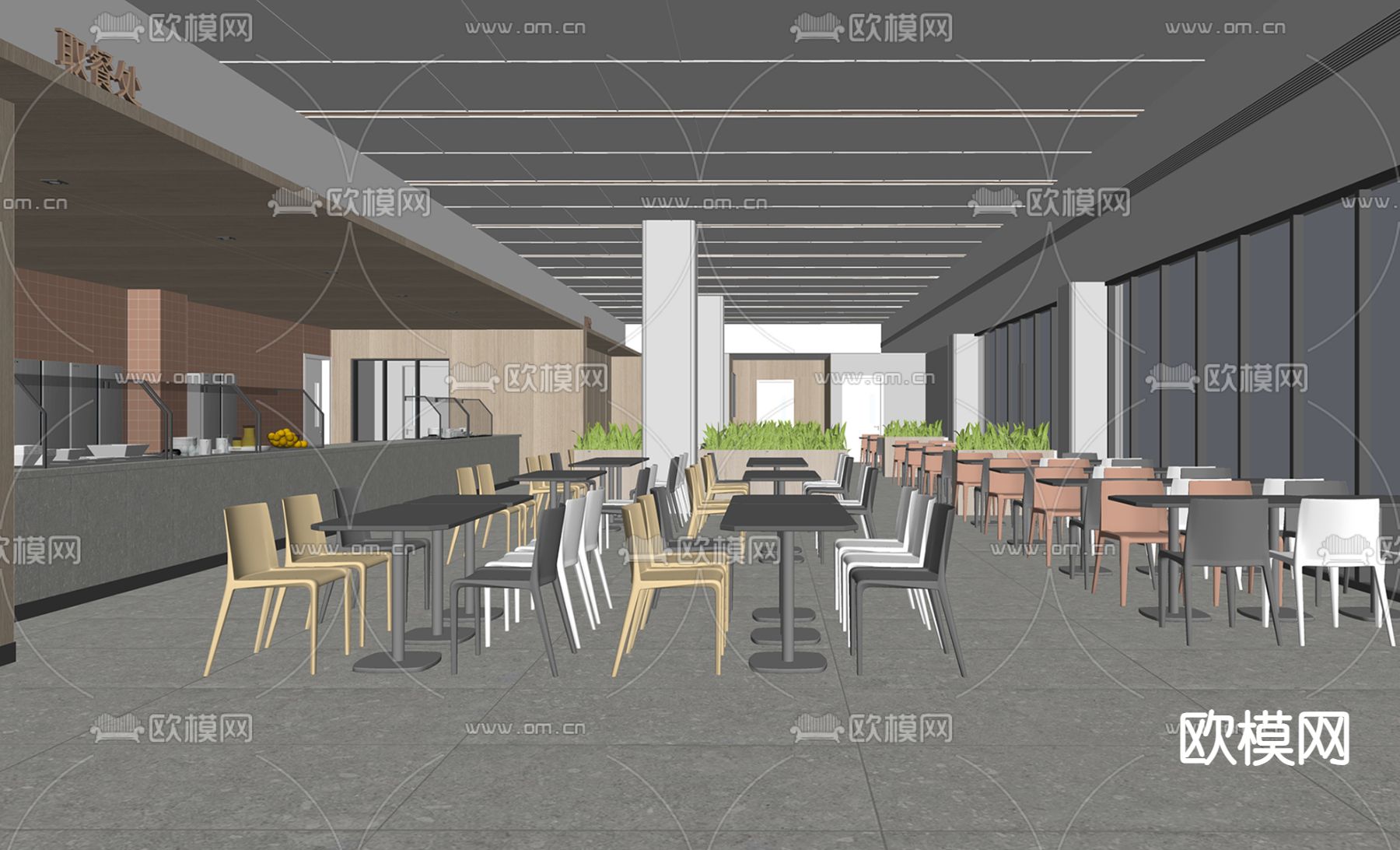 现代食堂餐厅su模型下载（渲染图1）