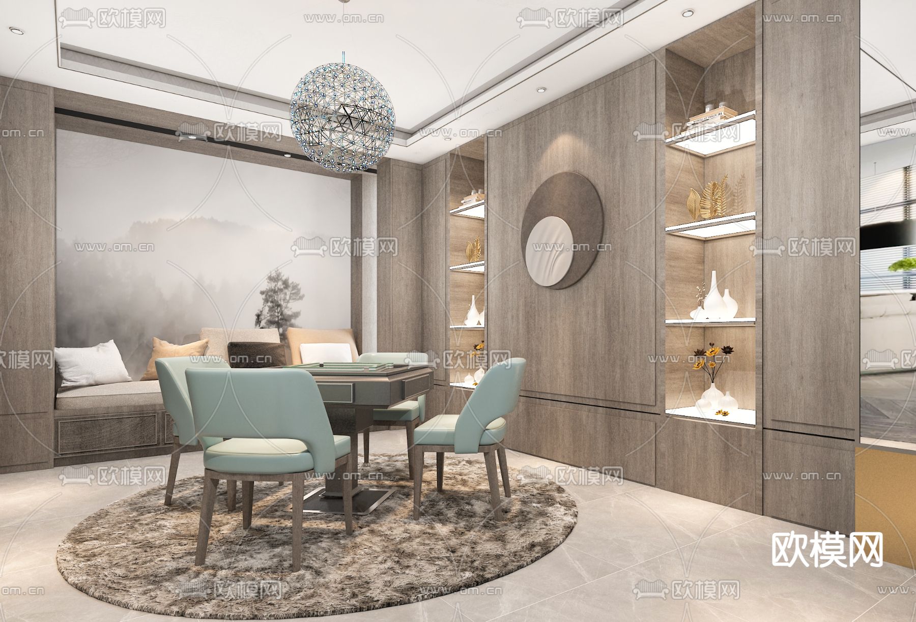 现代棋牌室 棋牌桌su模型下载（渲染图2）