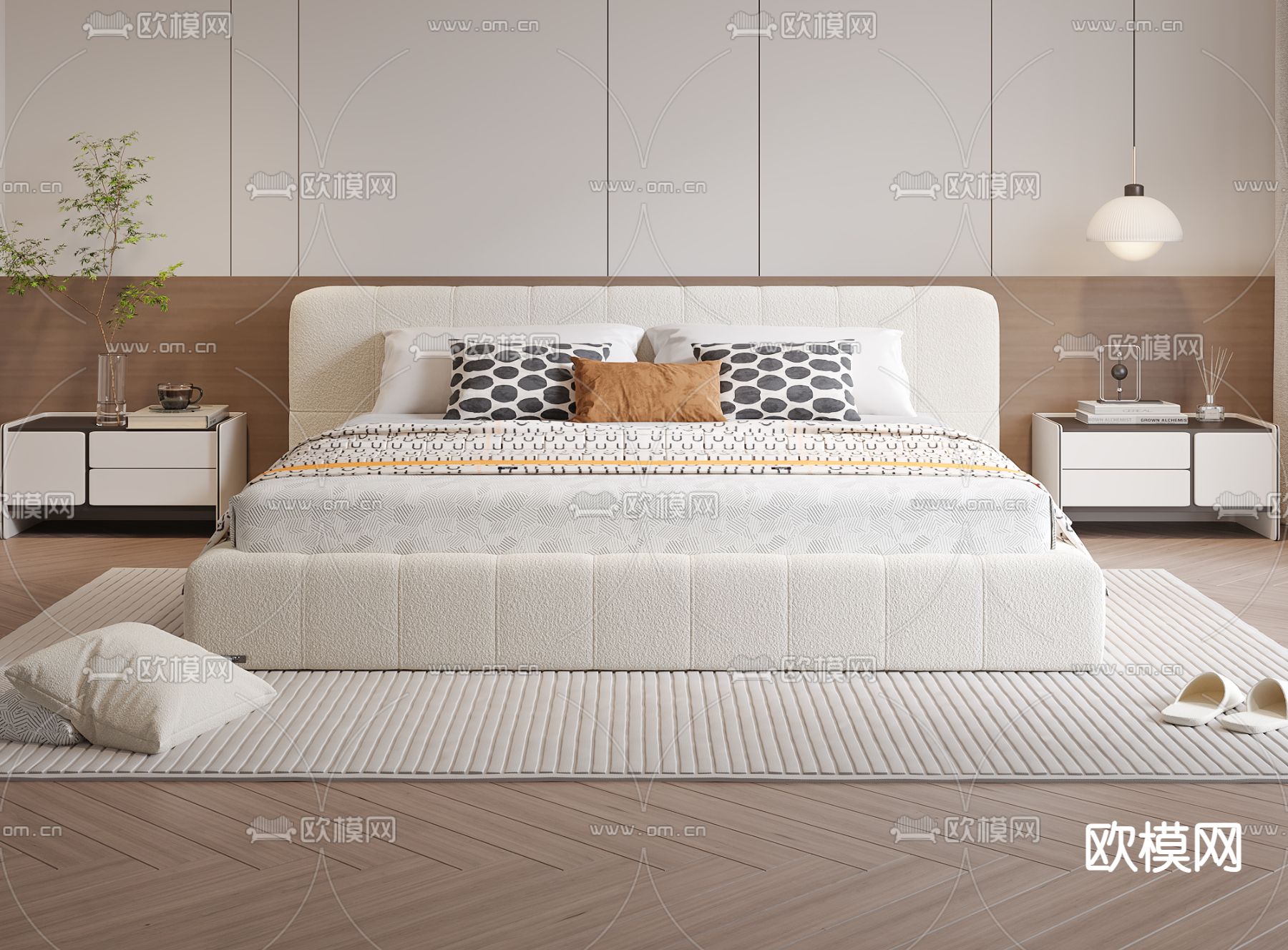 奶油风双人床3d模型下载