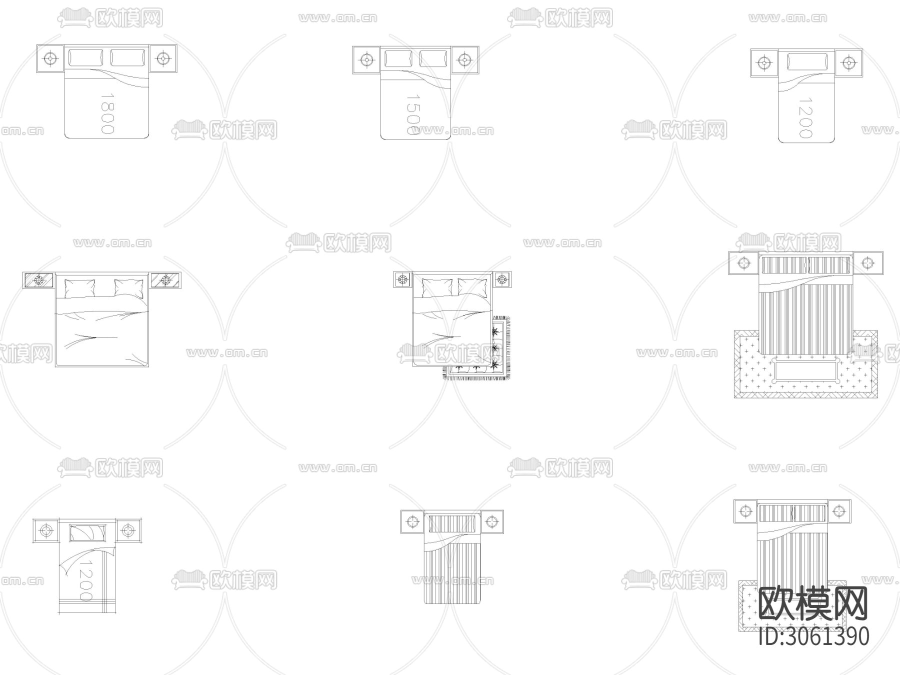 CAD床类 手绘风床平面cad图库下载（渲染图2）