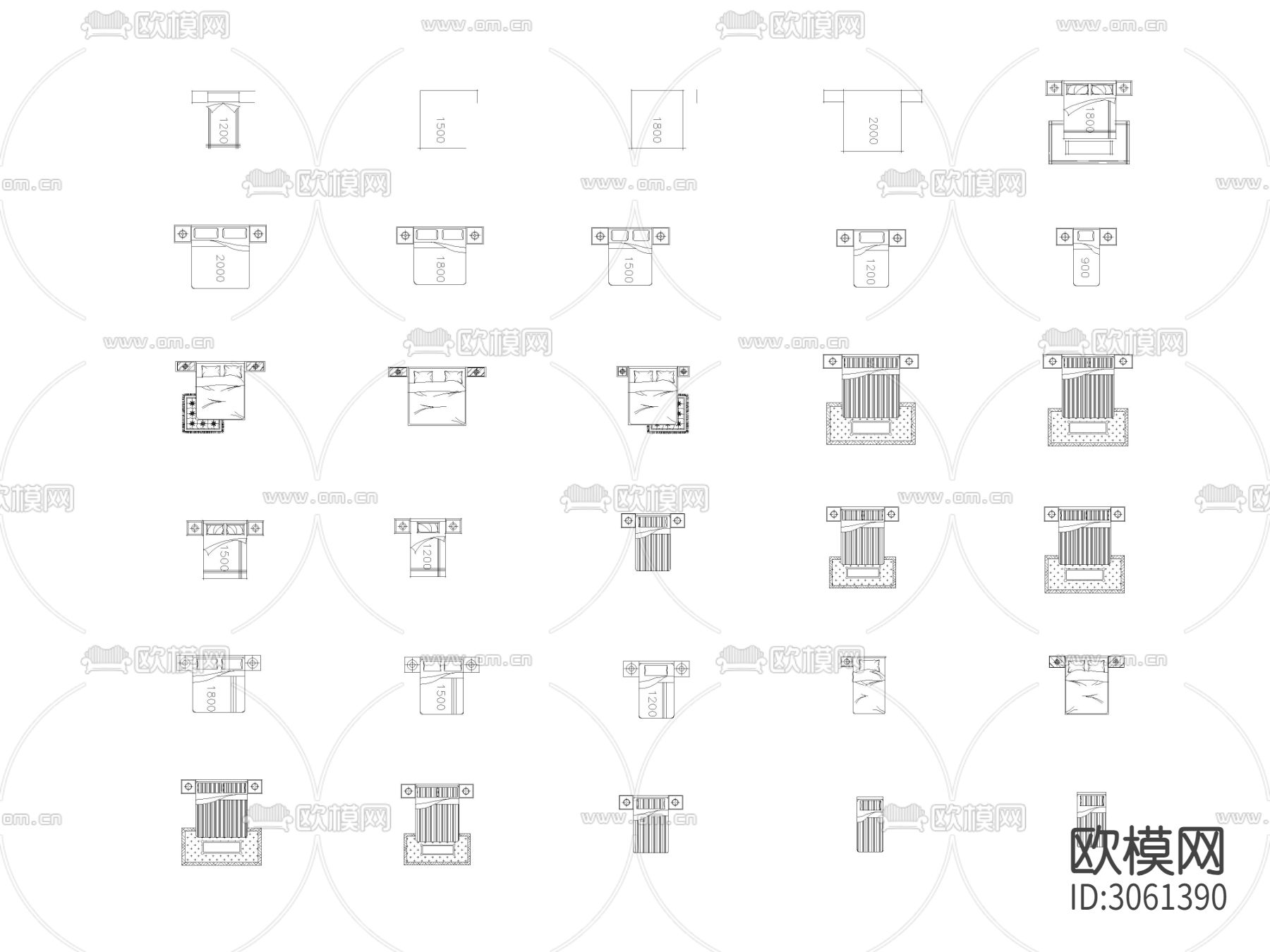 CAD床类 手绘风床平面cad图库下载（渲染图1）