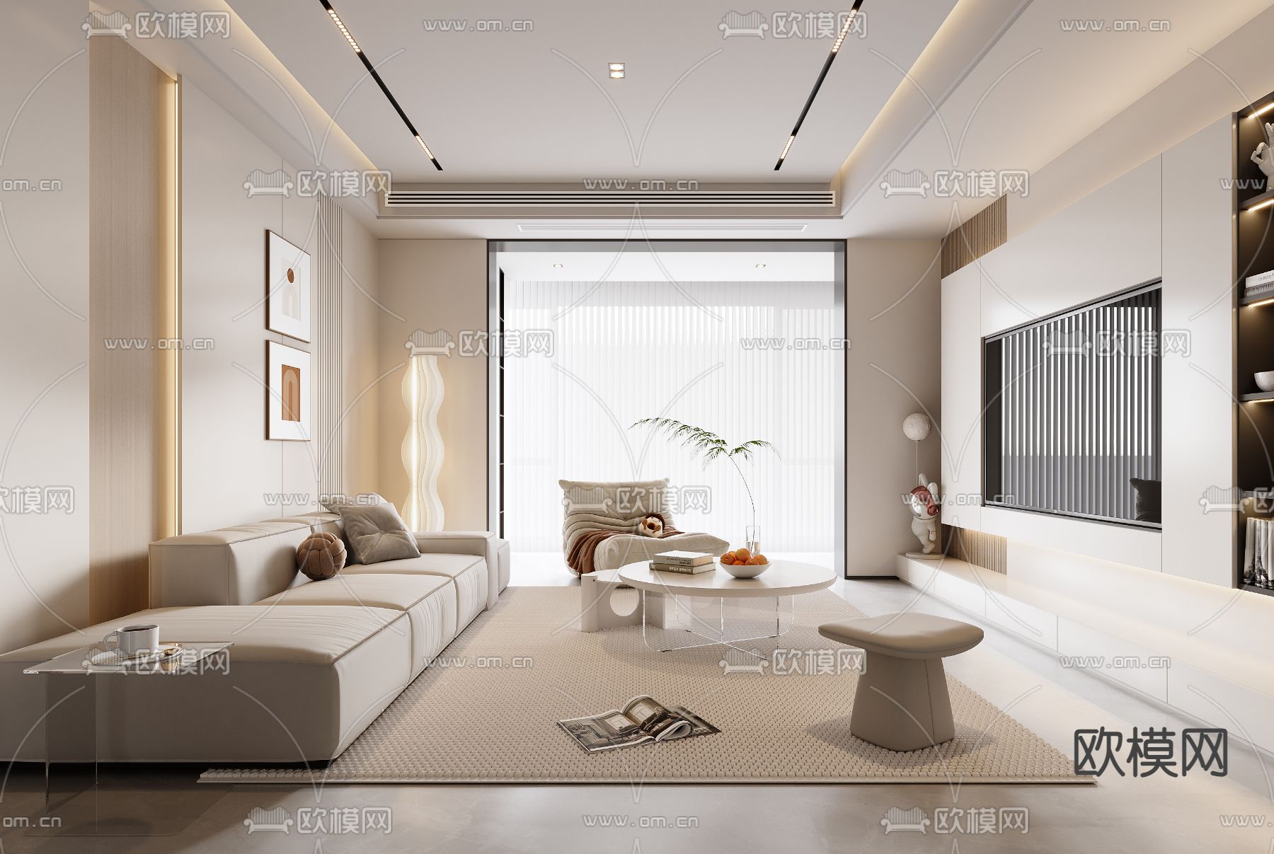奶油风客厅su模型下载（渲染图2）