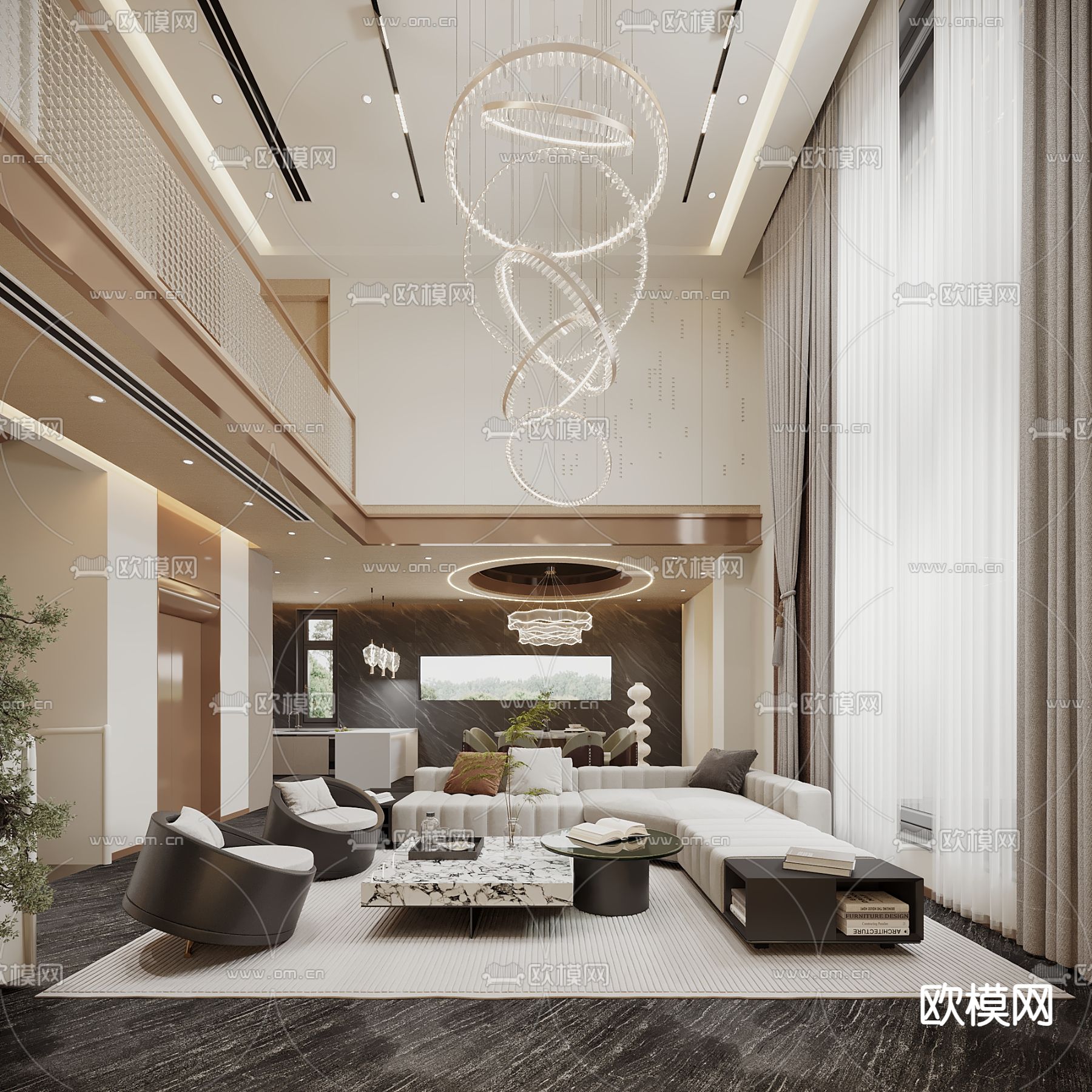 现代别墅客厅 挑空客厅su模型下载（渲染图2）