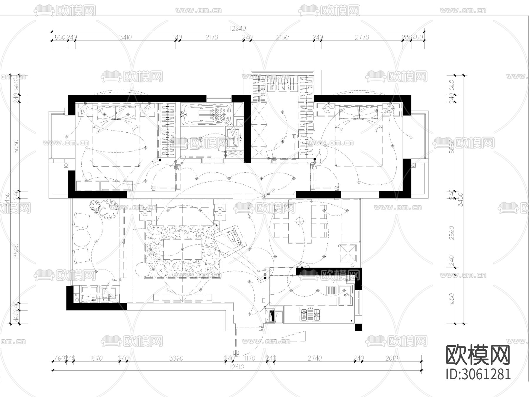 CAD家装施工图 平面布置图 电路图cad施工图下载（渲染图2）