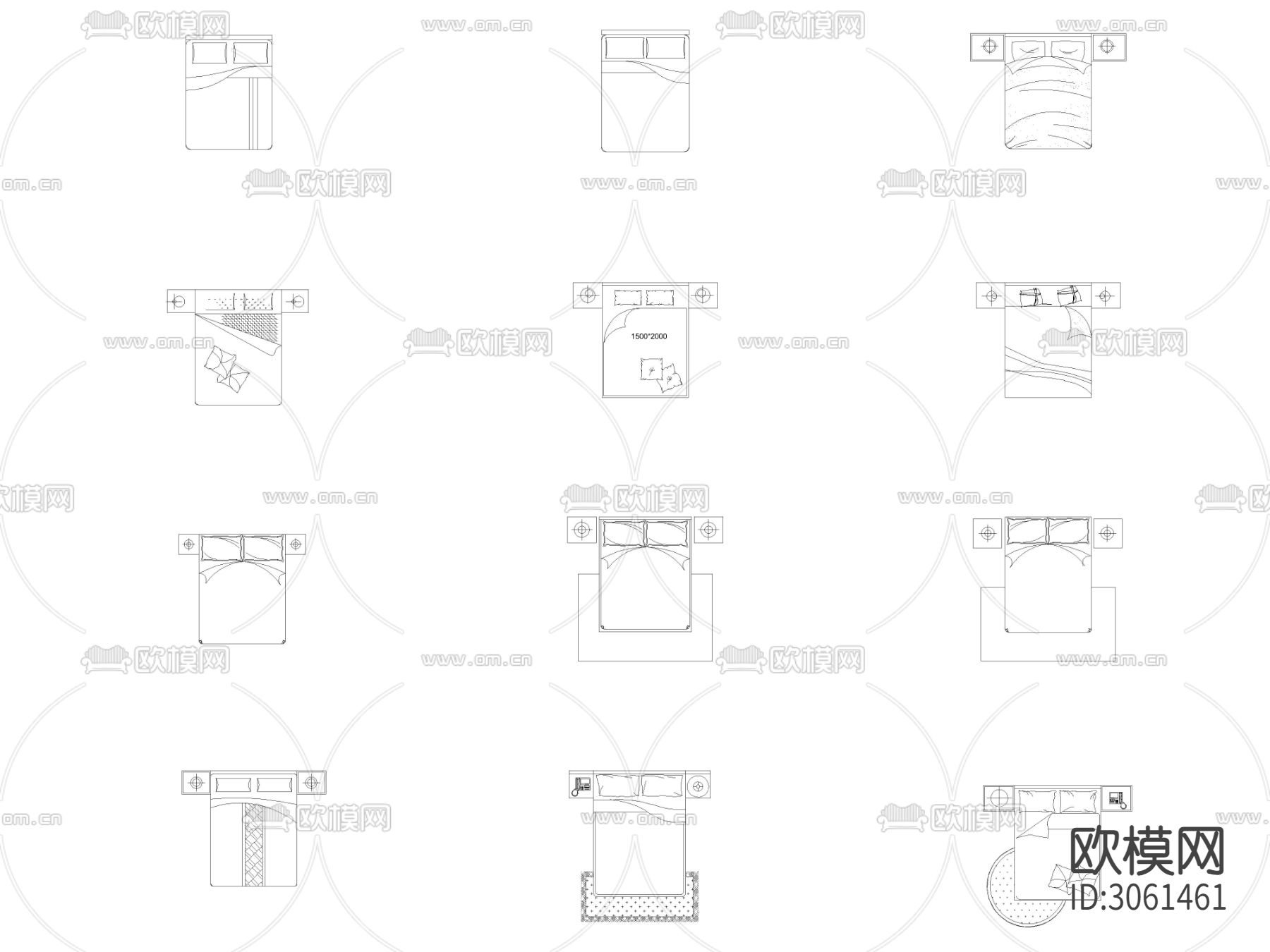 1500单人床 双人床 床头柜cad图库下载（渲染图2）