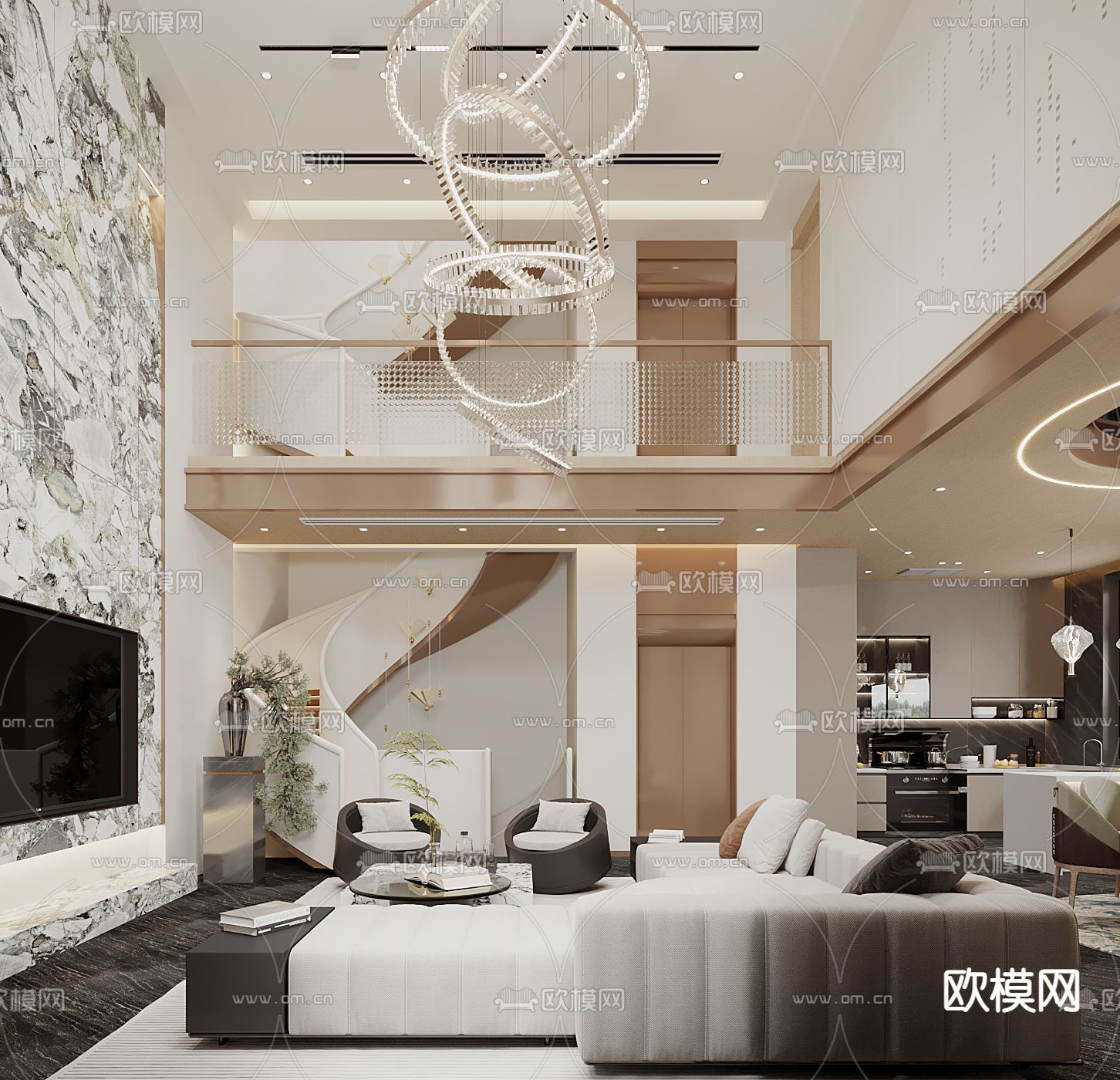 现代别墅客厅 挑空客厅su模型下载（渲染图4）